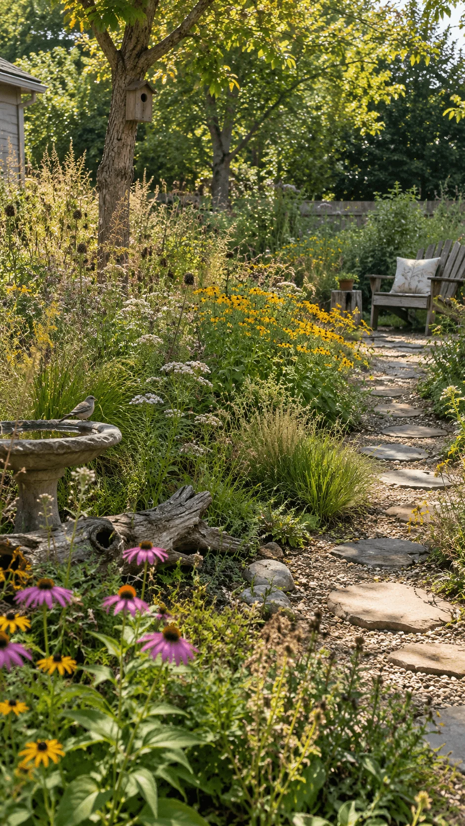 Rewilded native garden with colorful wildflowers, ornamental grasses, mature trees, birdhouse, birdbath, natural log habitat, stone path, and rustic seating area