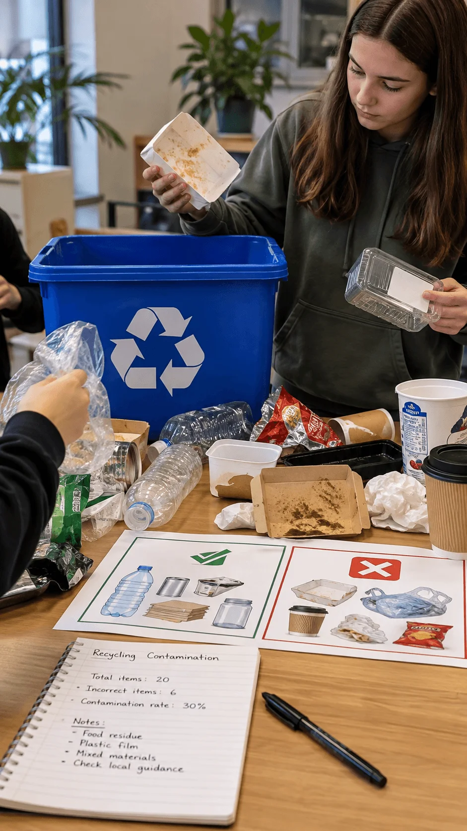 Student examining contaminated recycling items during a recycling contamination activity with plastic containers food covered packaging paper cups and recyclable materials beside a blue recycling bin