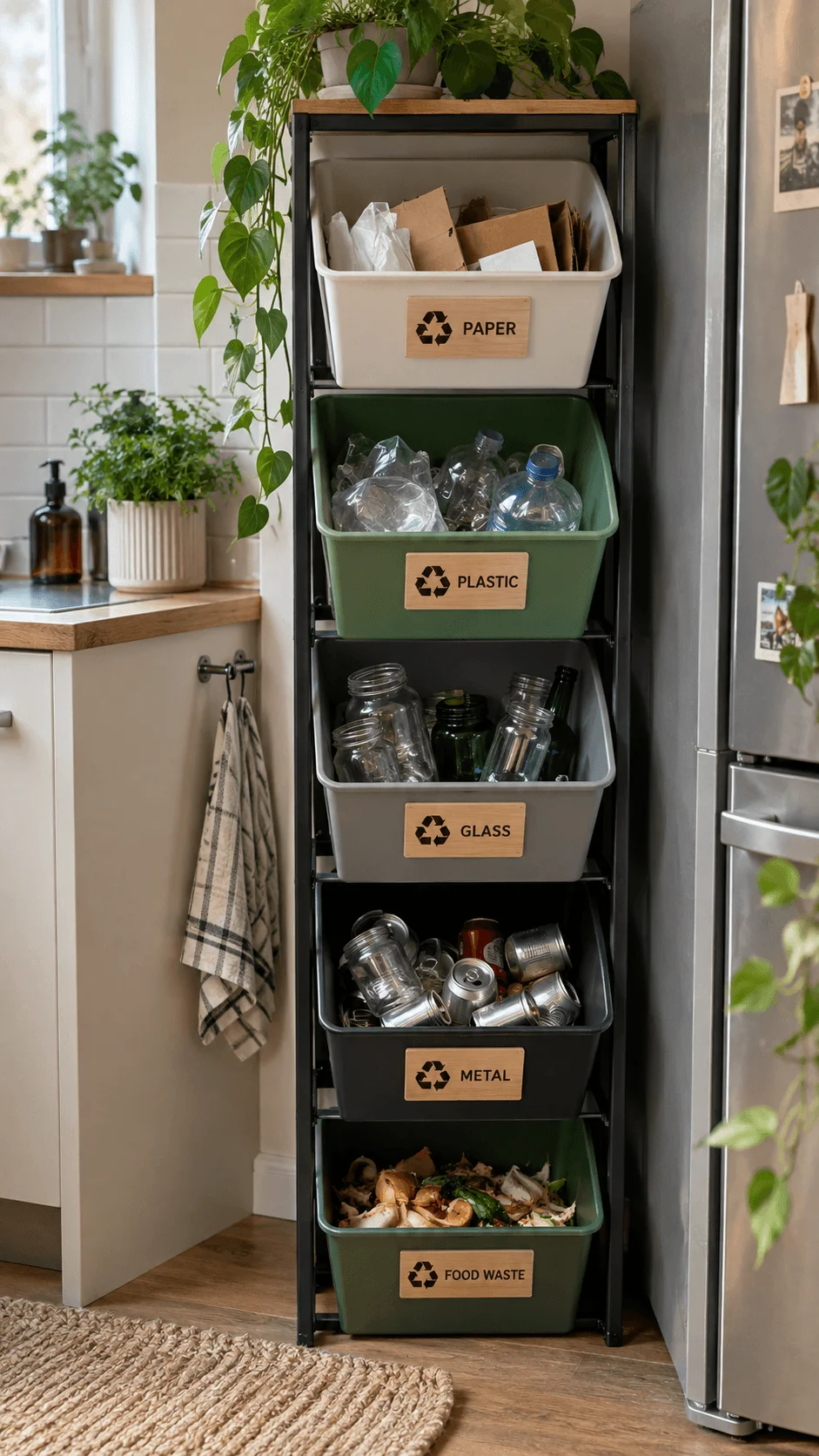 Vertical recycling station with stacked labeled bins for paper plastic glass metal and food waste in a compact eco friendly kitchen.