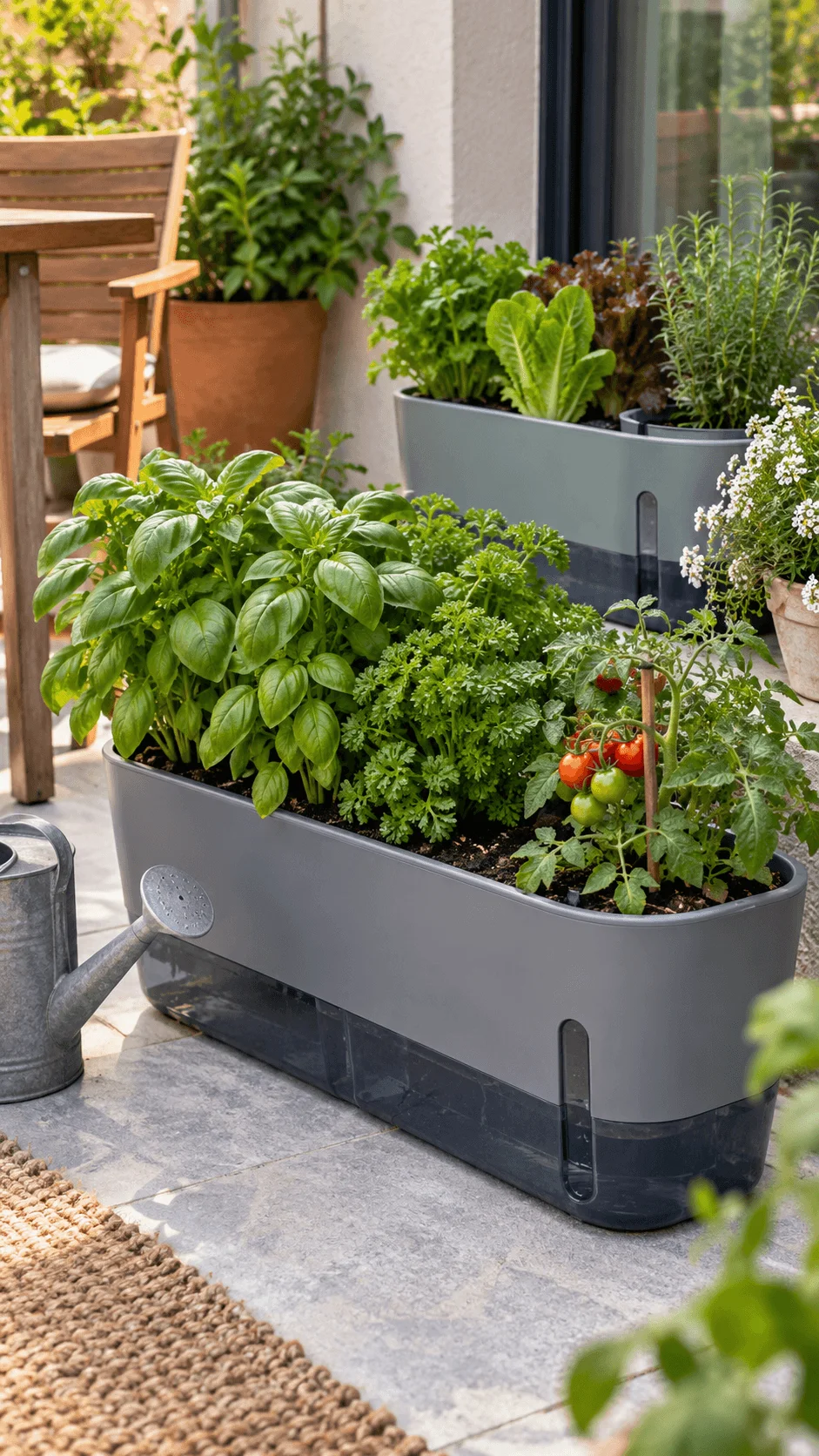 Self watering garden pots filled with basil parsley lettuce rosemary tomatoes and flowering plants on a sunny patio