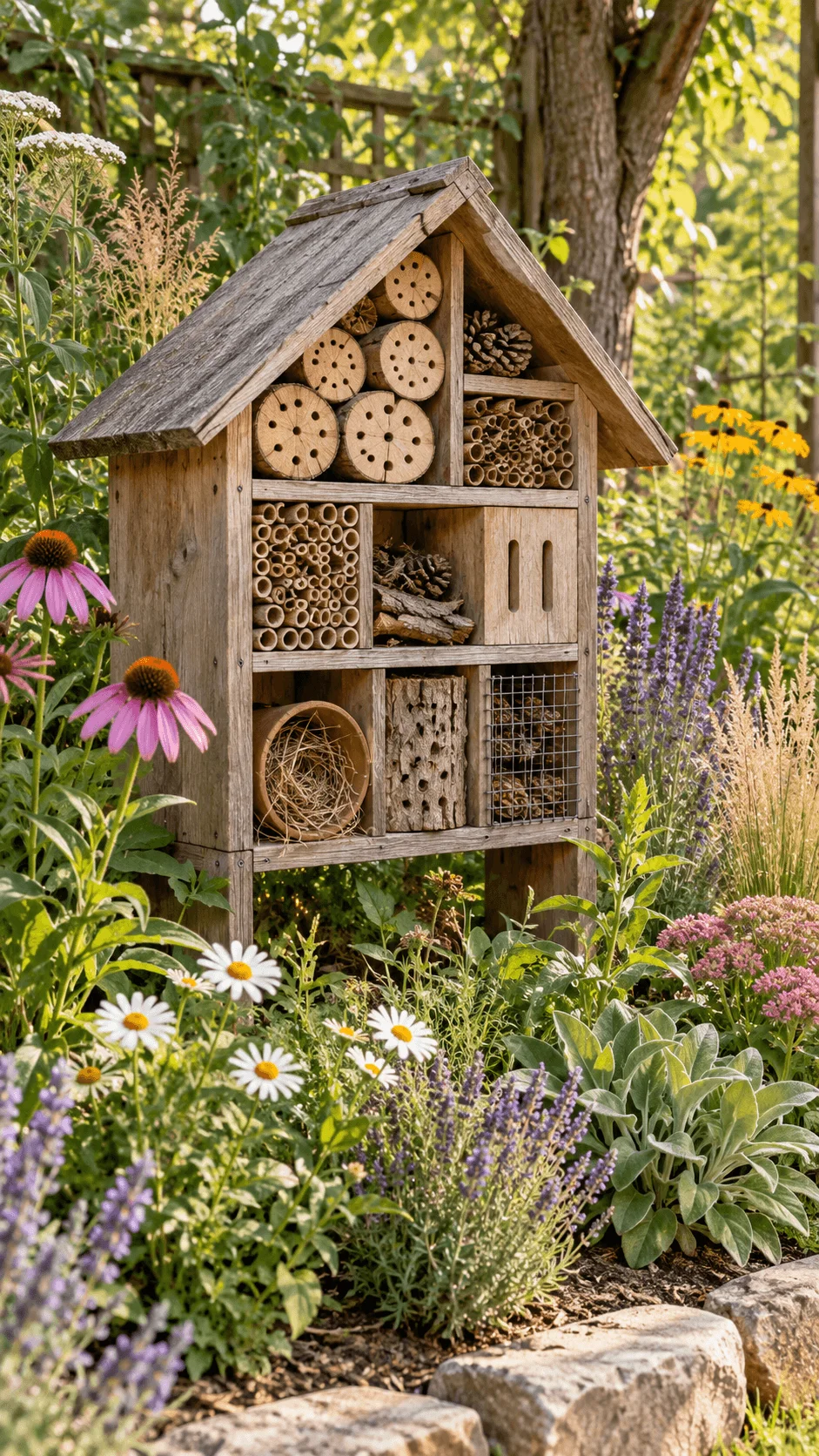 Scrap wood pollinator bug hotel filled with drilled logs bamboo tubes pinecones bark and natural nesting materials surrounded by colorful flowers and lush garden plants