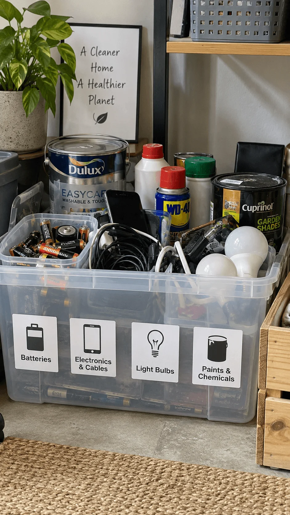 Household special waste collection area with separate labeled sections for batteries electronics and cables light bulbs paints and chemicals stored safely in a clear container