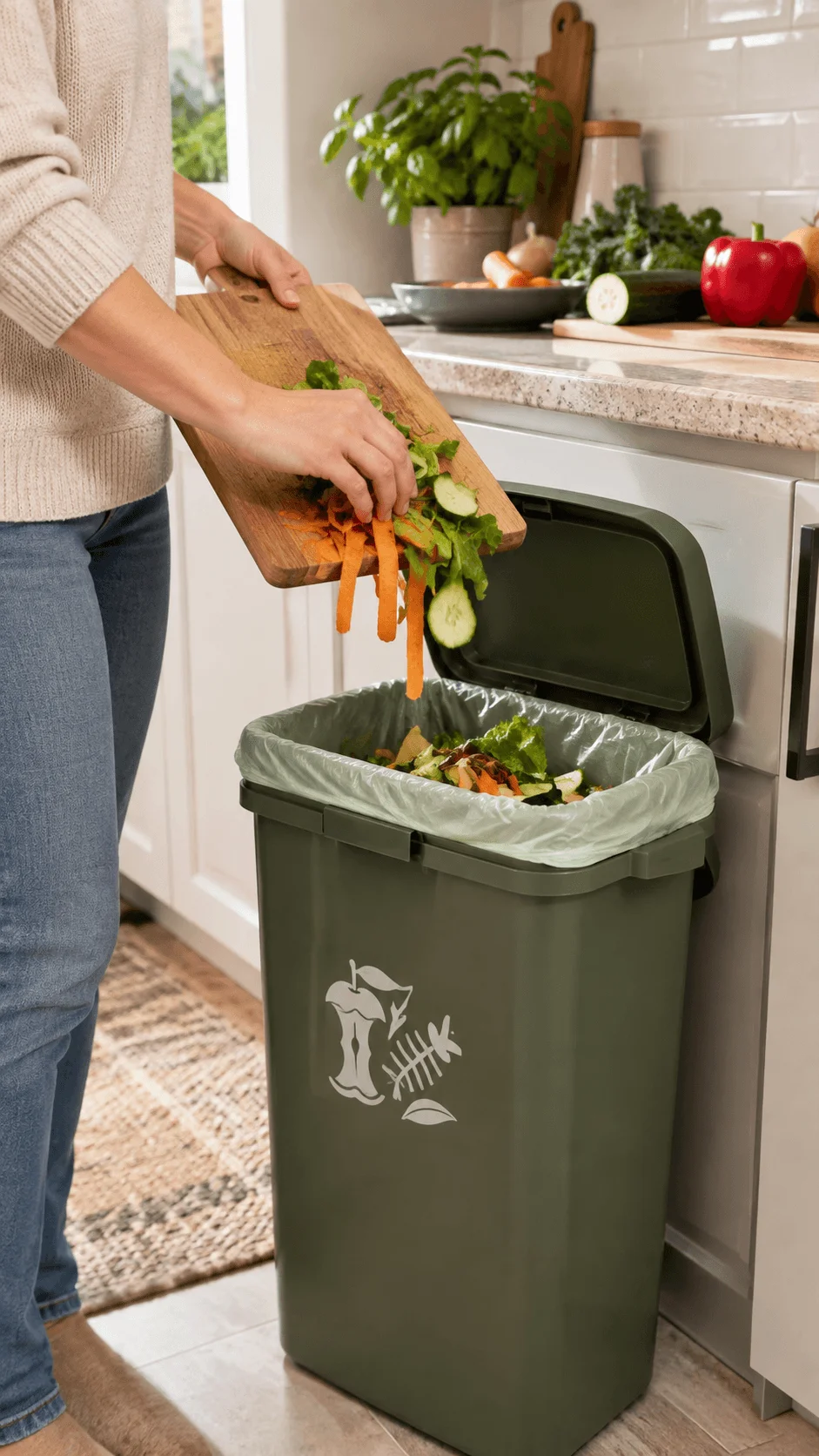Person separating fresh vegetable scraps from a cutting board into a dedicated food waste bin in a bright modern kitchen
