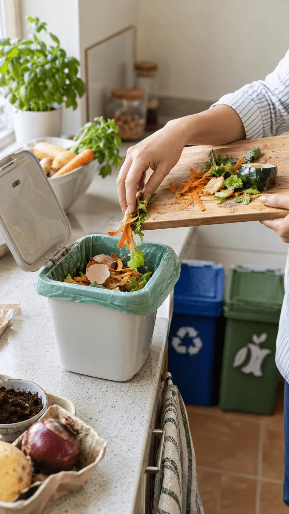 Person separating vegetable peels and kitchen scraps into a food waste container in a bright sustainable kitchen with recycling bins in the background