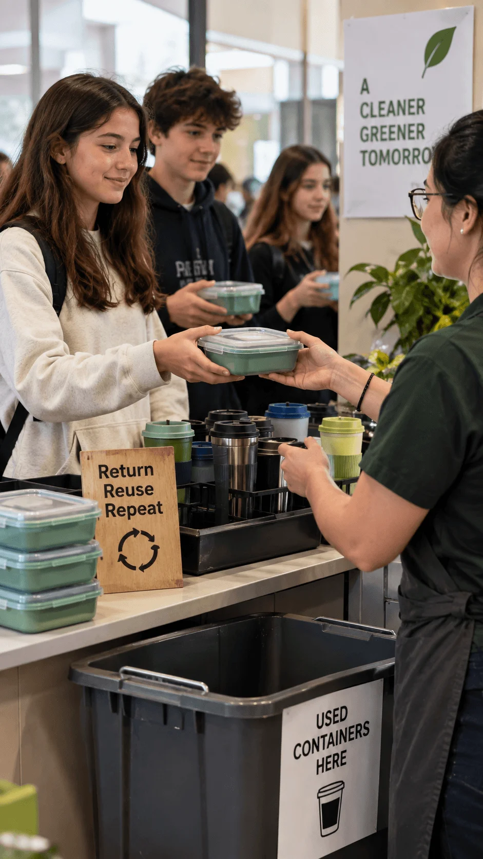 Students returning reusable food containers and cups at a collection station during a reusable packaging activity focused on return reuse and repeated use