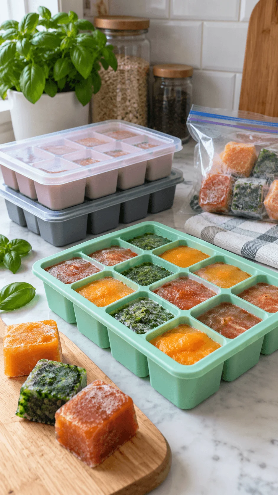 Silicone freezer cubes and portion trays filled with frozen soup sauces purees and herbs for convenient sustainable food storage