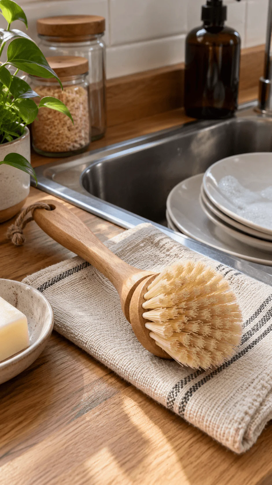 Natural sisal dish brush with wooden handle and plant based bristles resting beside a kitchen sink with clean dishes and reusable kitchen essentials.