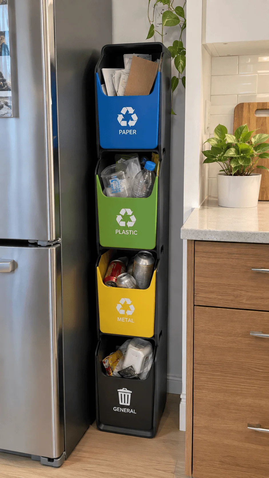 Slim vertical household recycling station with separate compartments for paper plastic metal and general waste in a compact kitchen