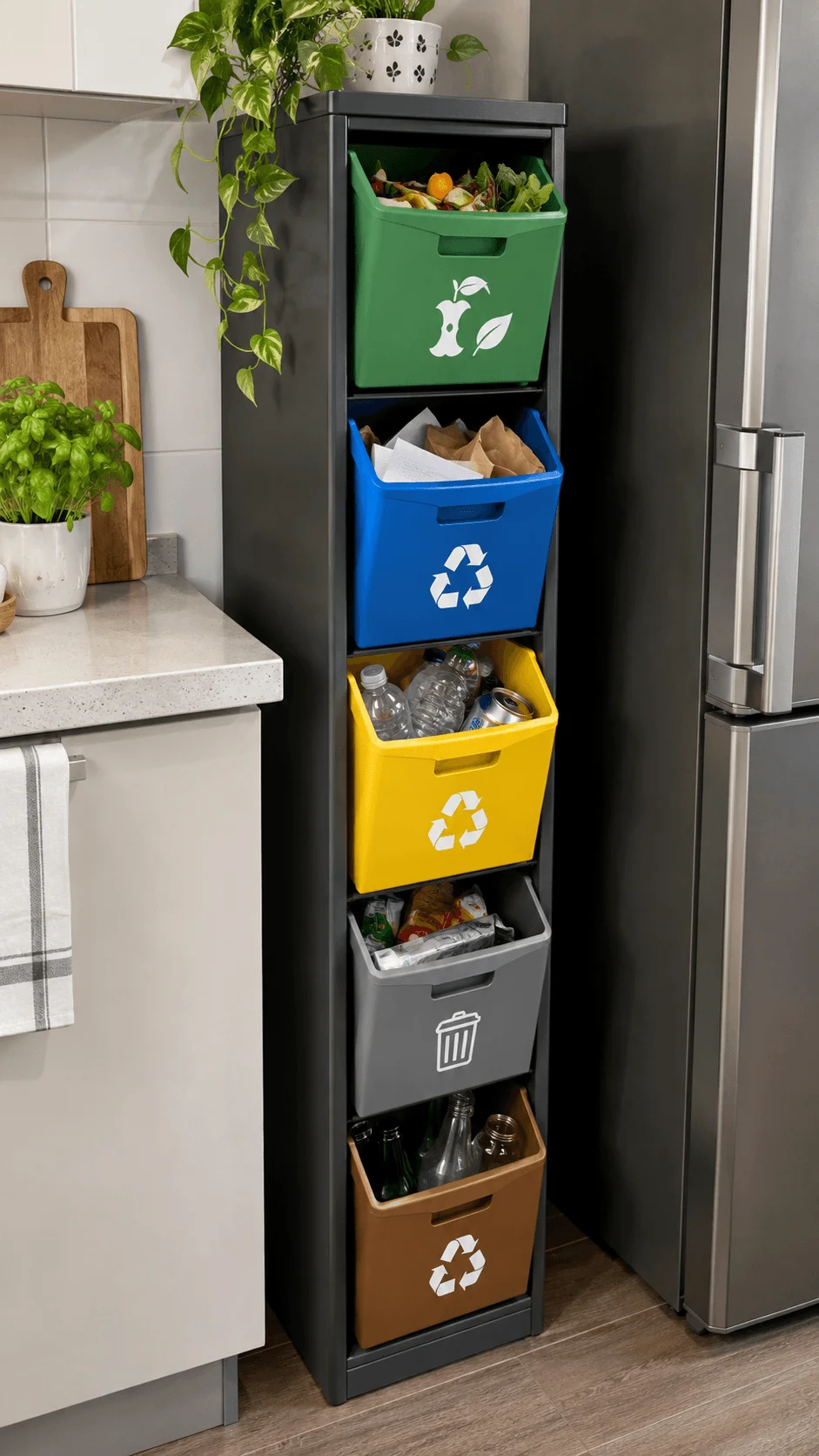 Slim vertical recycling sorting station with stacked compartments for food waste paper bottles cans general waste and glass in a compact modern kitchen