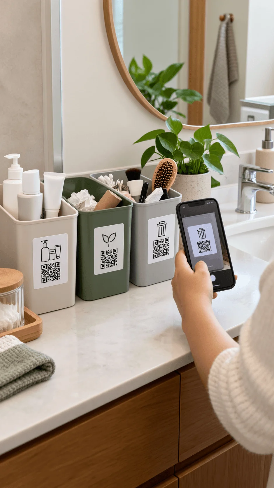 Smart bathroom waste sorting station with labeled bins, QR codes, reusable containers and a person scanning a QR code with a smartphone