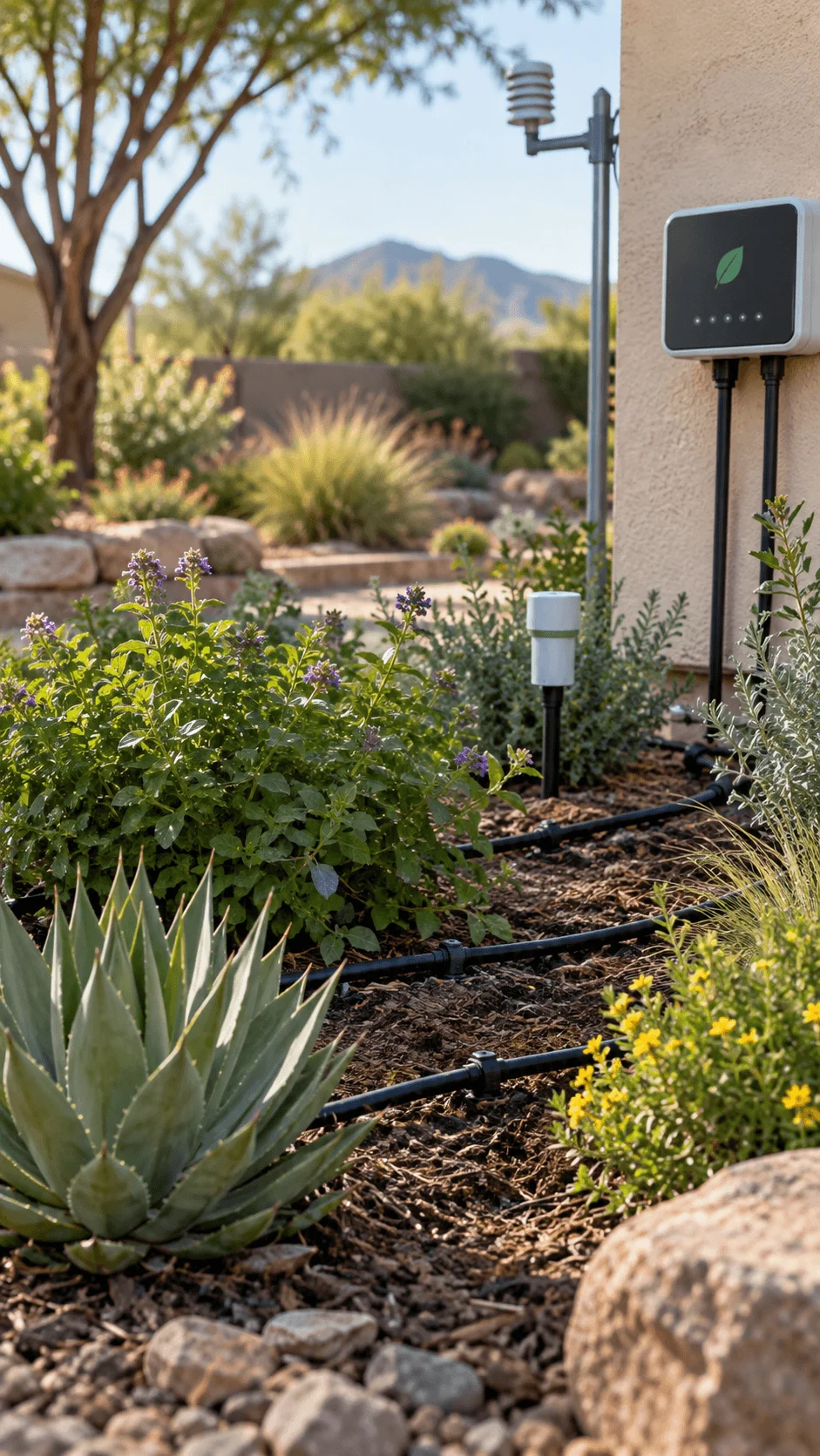 Smart drip irrigation system in an eco friendly xeriscape garden with drought tolerant plants agave flowers mulch and automated watering controls