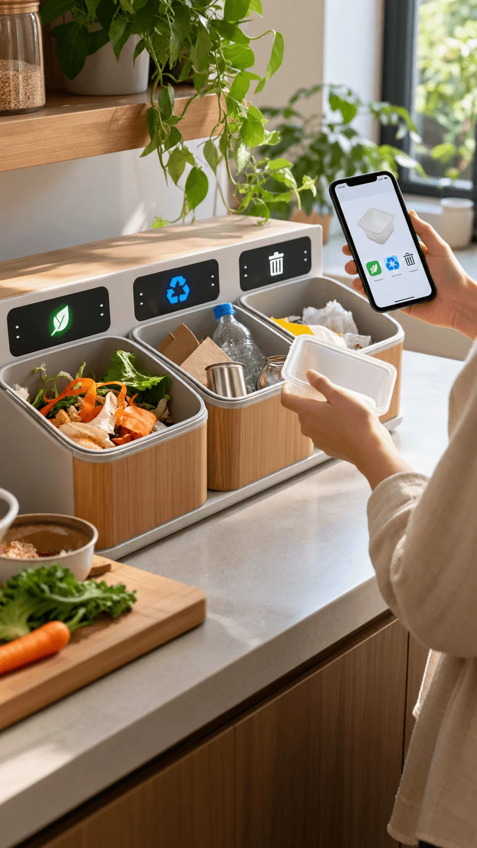Smart waste sorting station with separate bins for food scraps recycling and general waste controlled through a mobile app