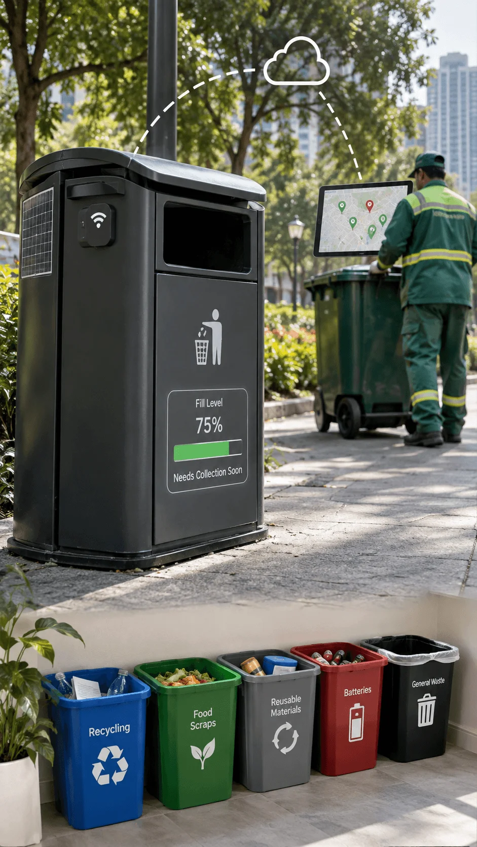 Smart waste bin with fill level sensors and wireless monitoring alongside organized recycling food scraps reusable materials batteries and general waste bins for eco friendly waste management