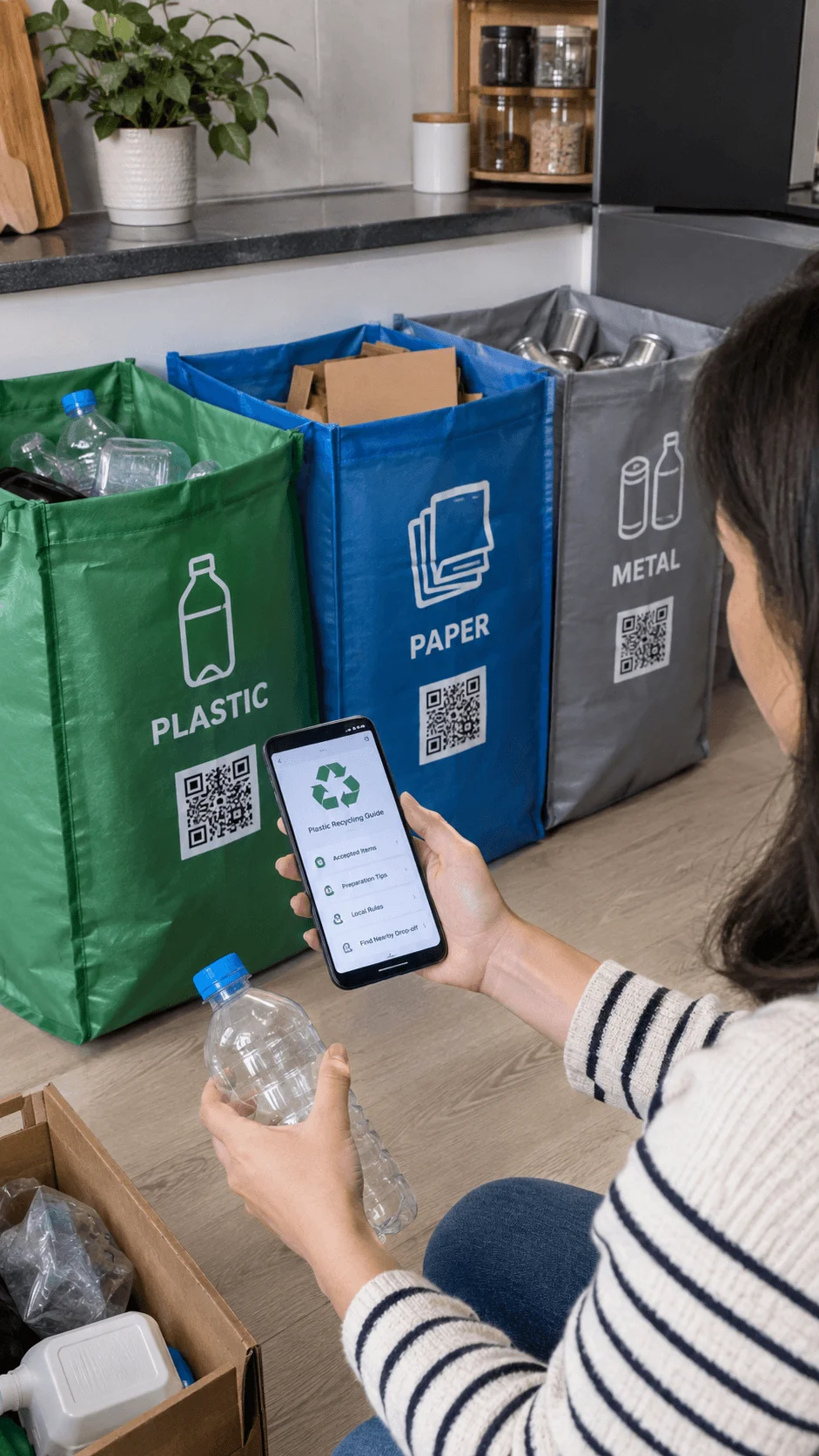 Smart waste sorting bags with QR codes for plastic paper and metal recycling while a person scans recycling guidance on a smartphone