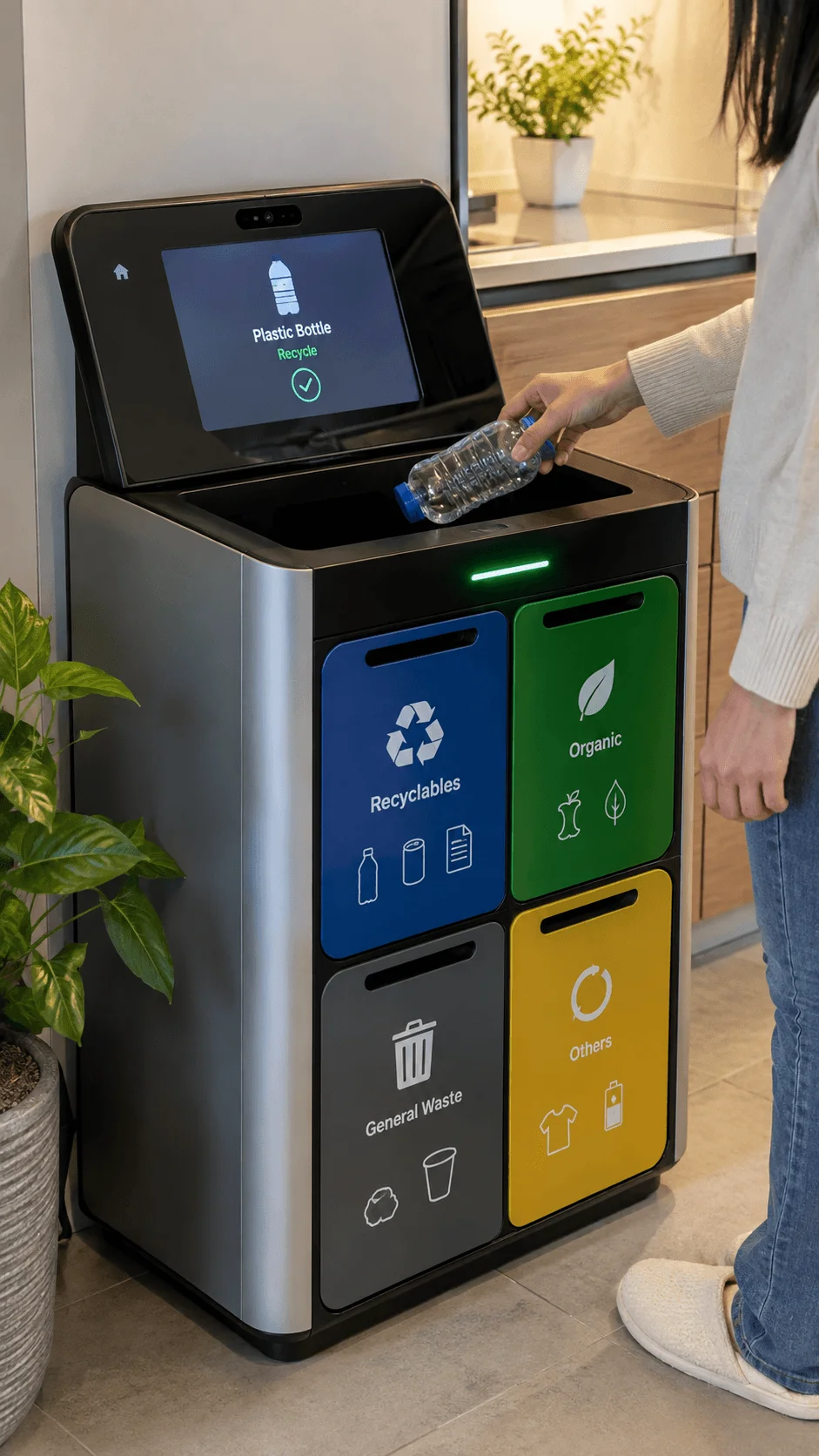 Smart AI waste sorting basket recognizing a plastic bottle with separate compartments for recyclables organic materials general waste and other items