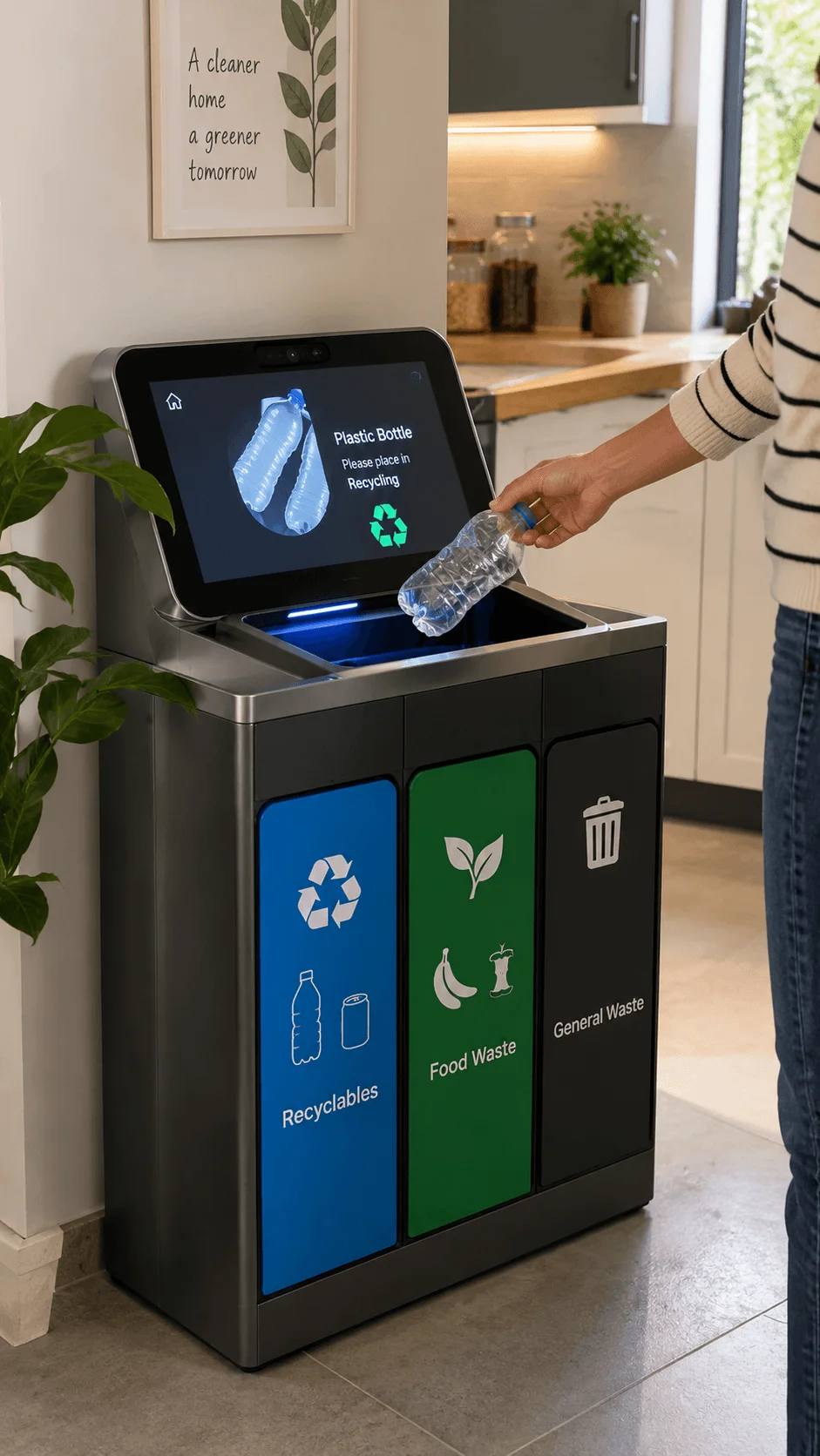 Smart AI waste sorting bin recognizing a plastic bottle and directing it to recycling with separate compartments for recyclables food waste and general waste