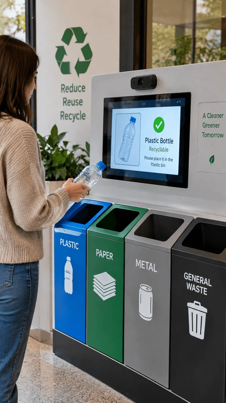 Smart AI assisted recycling station identifying a plastic bottle and guiding a person to the correct labeled waste sorting bin.