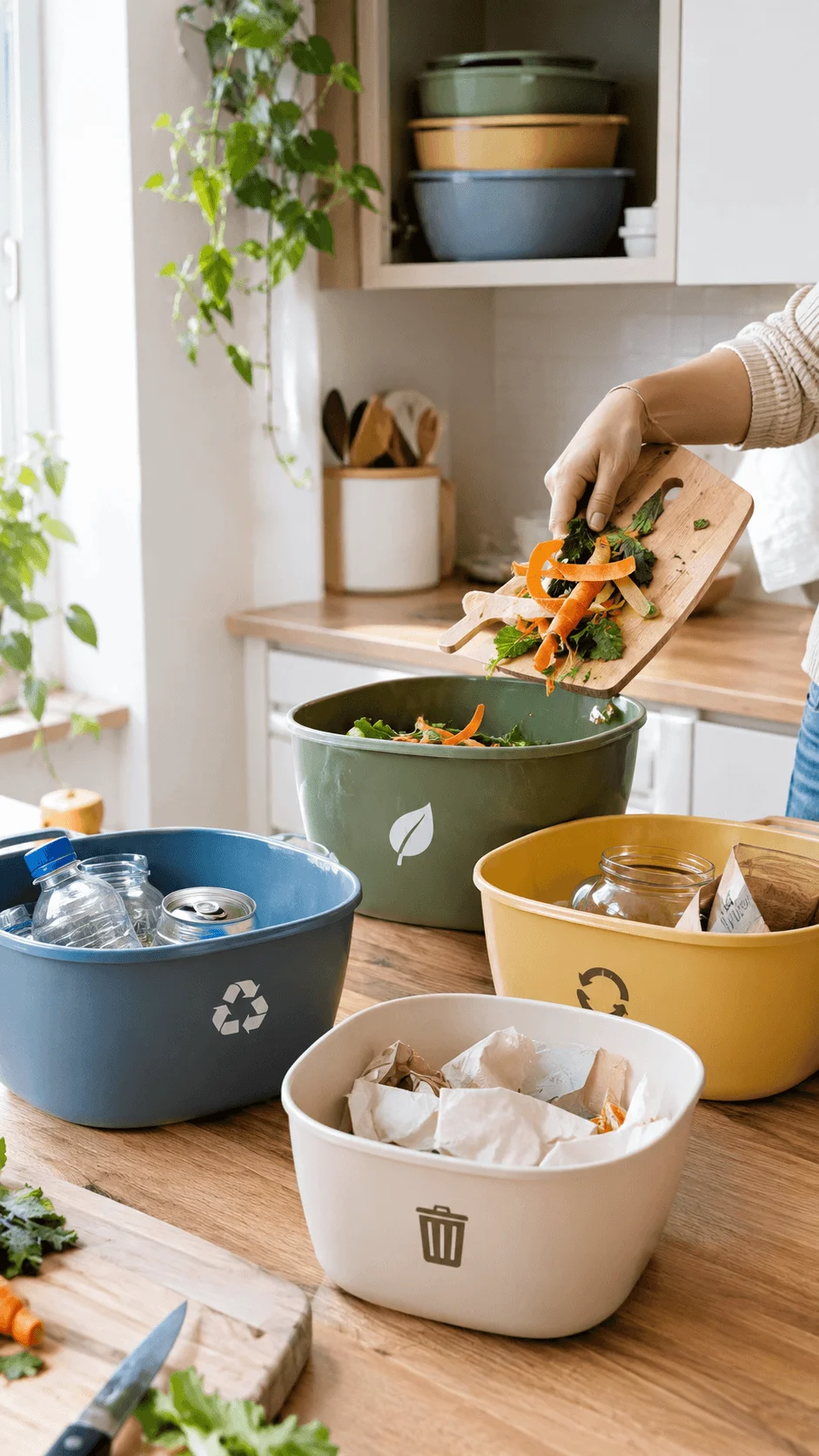 Stackable waste sorting bowls for small kitchens with separate containers for food scraps recycling and general waste