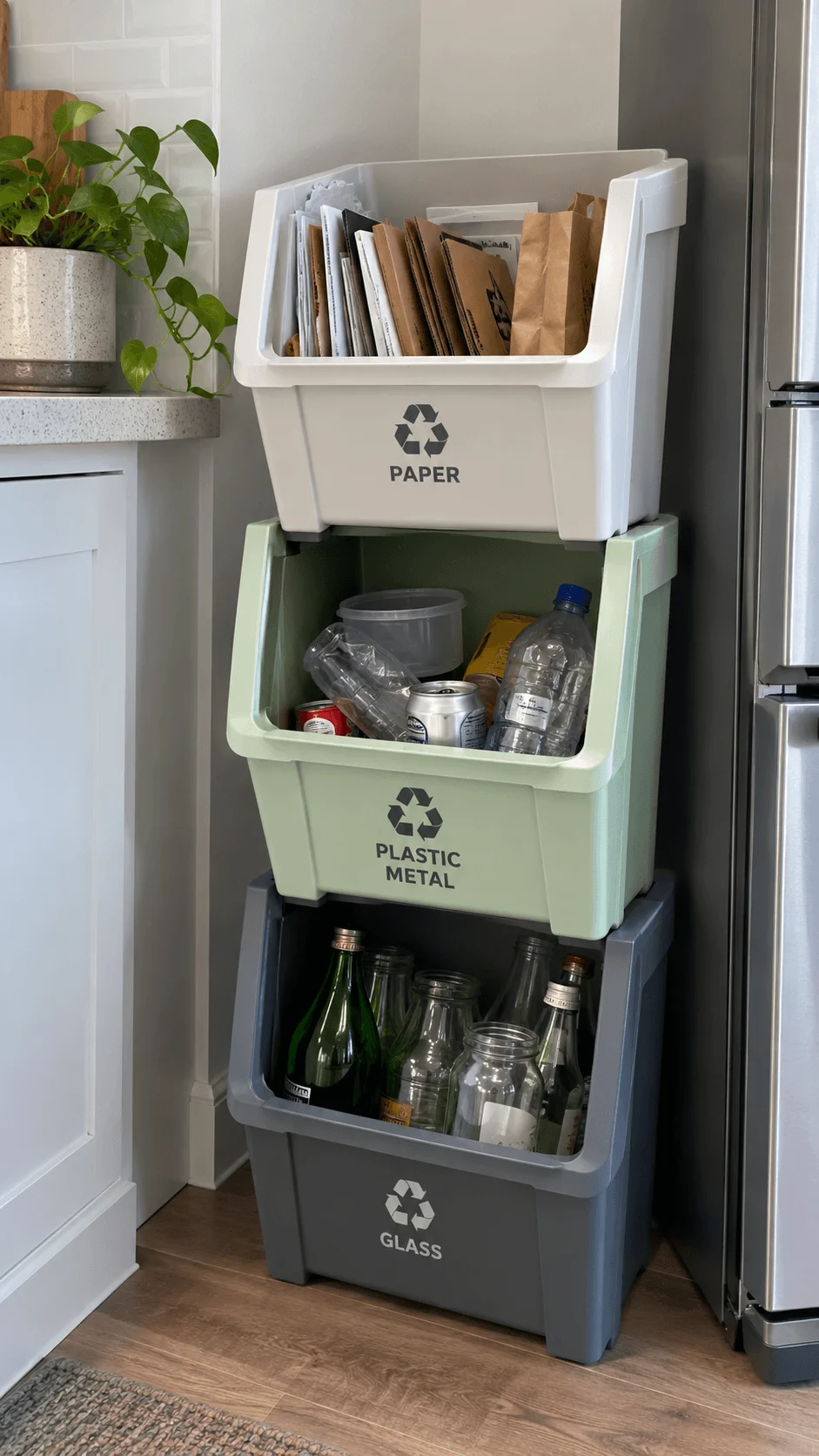 Stackable waste sorting baskets for paper plastic metal and glass recycling in a compact modern kitchen