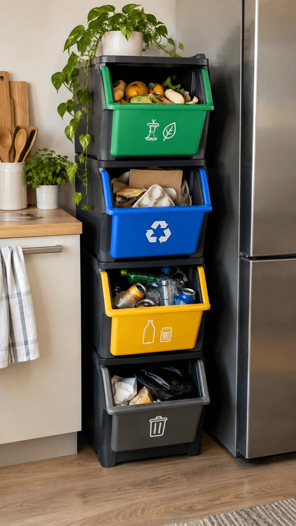 Stackable waste sorting boxes in a compact modern kitchen with separate compartments for food scraps recyclables bottles cans and general waste