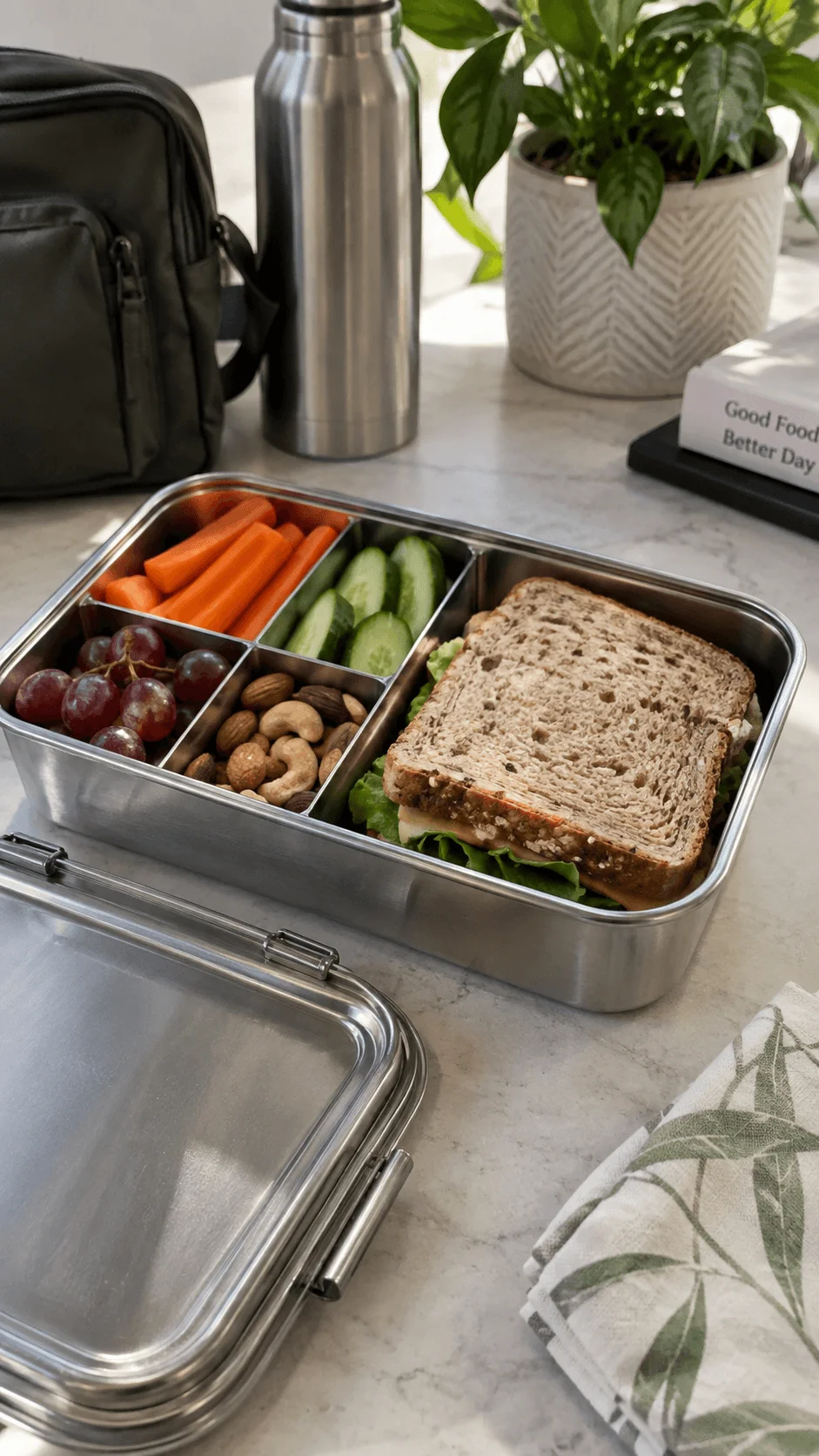 Stainless steel bento container filled with a whole grain sandwich carrots cucumbers grapes and mixed nuts for a reusable eco friendly lunch