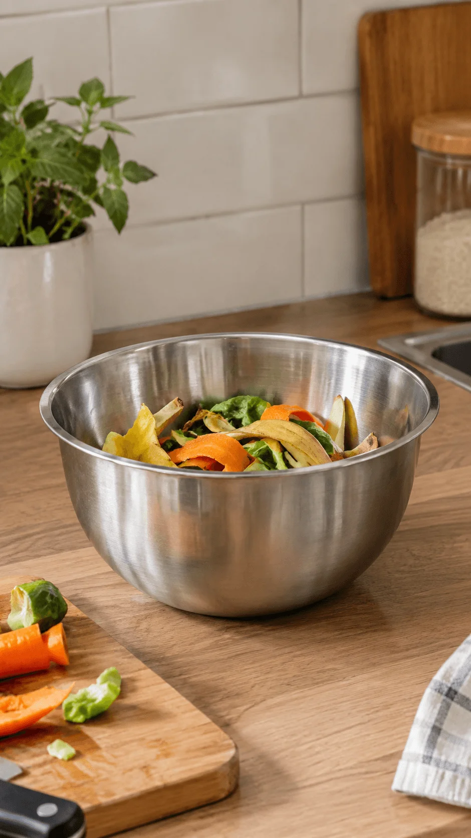Stainless steel bowl filled with fruit and vegetable scraps on a wooden kitchen countertop