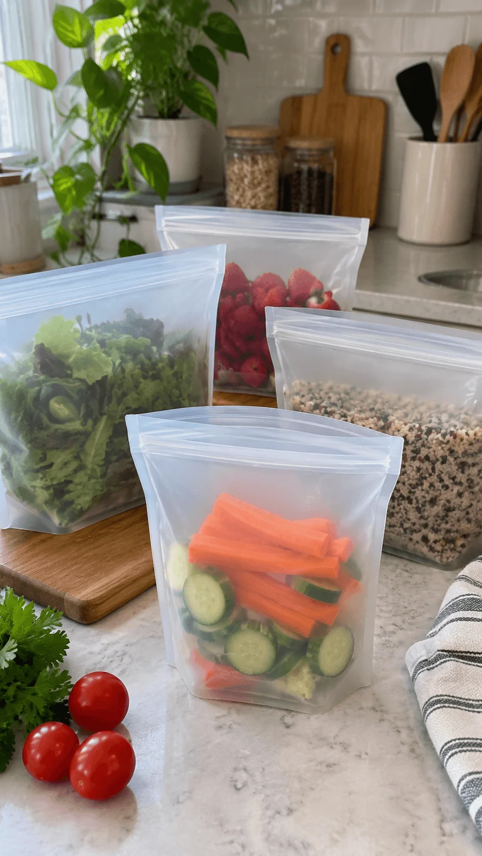 Stand up reusable silicone food storage bags filled with fresh vegetables strawberries leafy greens and grains in a bright sustainable kitchen