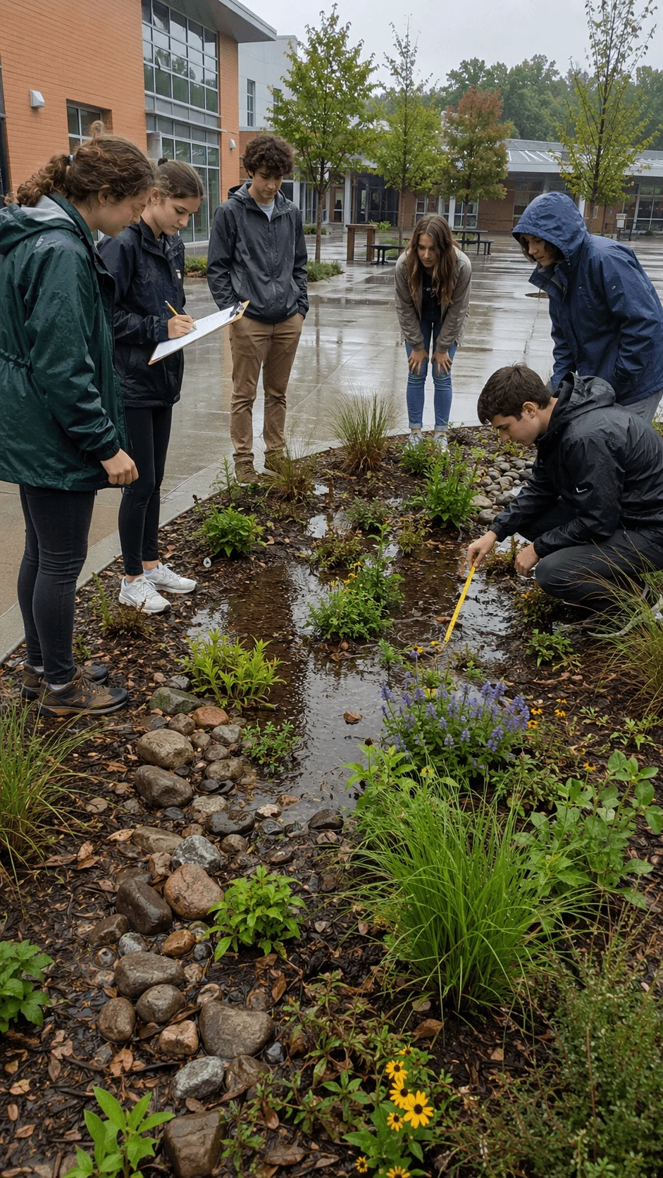 High school students observing and measuring a student designed rain garden with native plants rocks and collected stormwater on school grounds