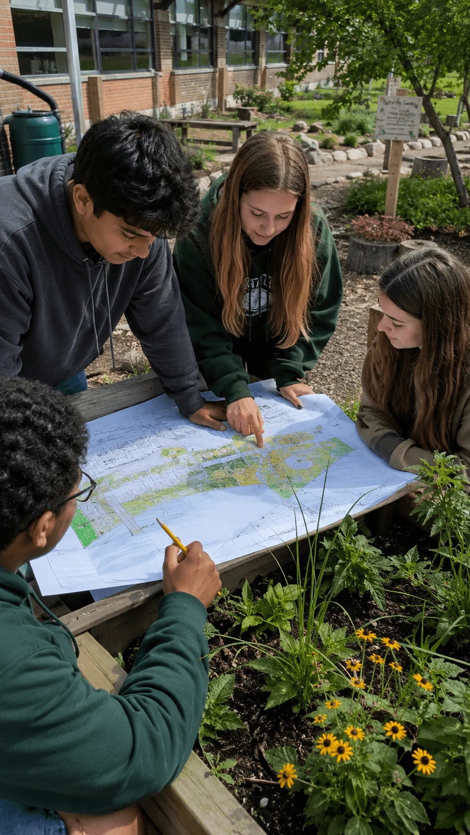 High school students planning a student led green schoolyard using a landscape design map beside raised garden beds and flowering plants
