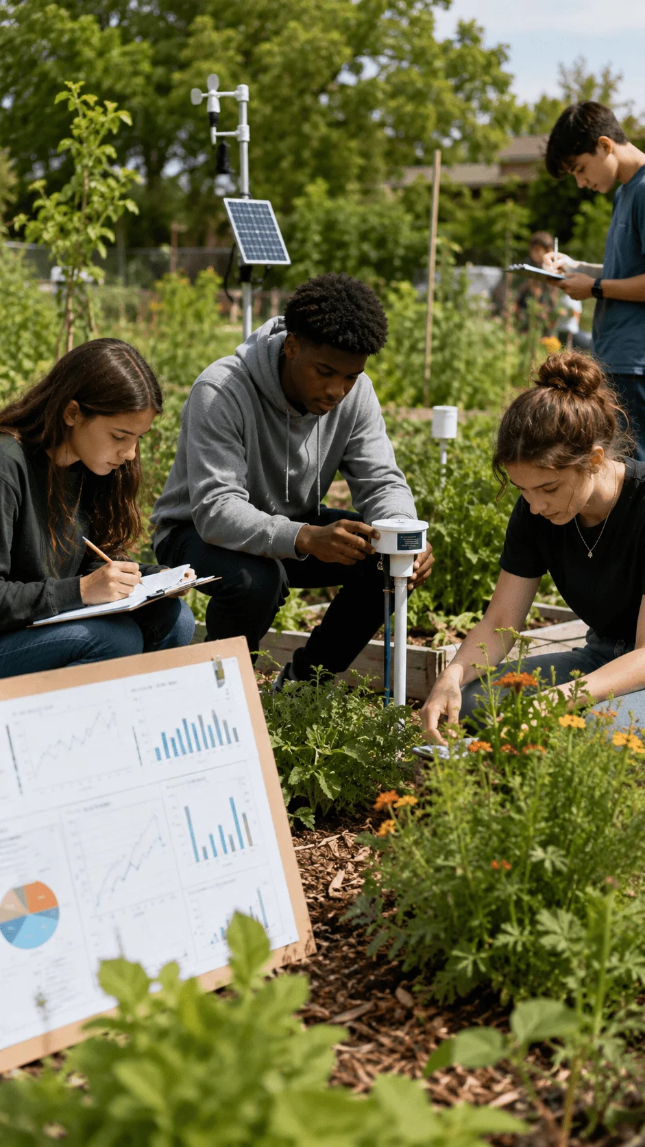 High school students collecting and recording environmental data in a sustainability garden using sensors charts and plant observations