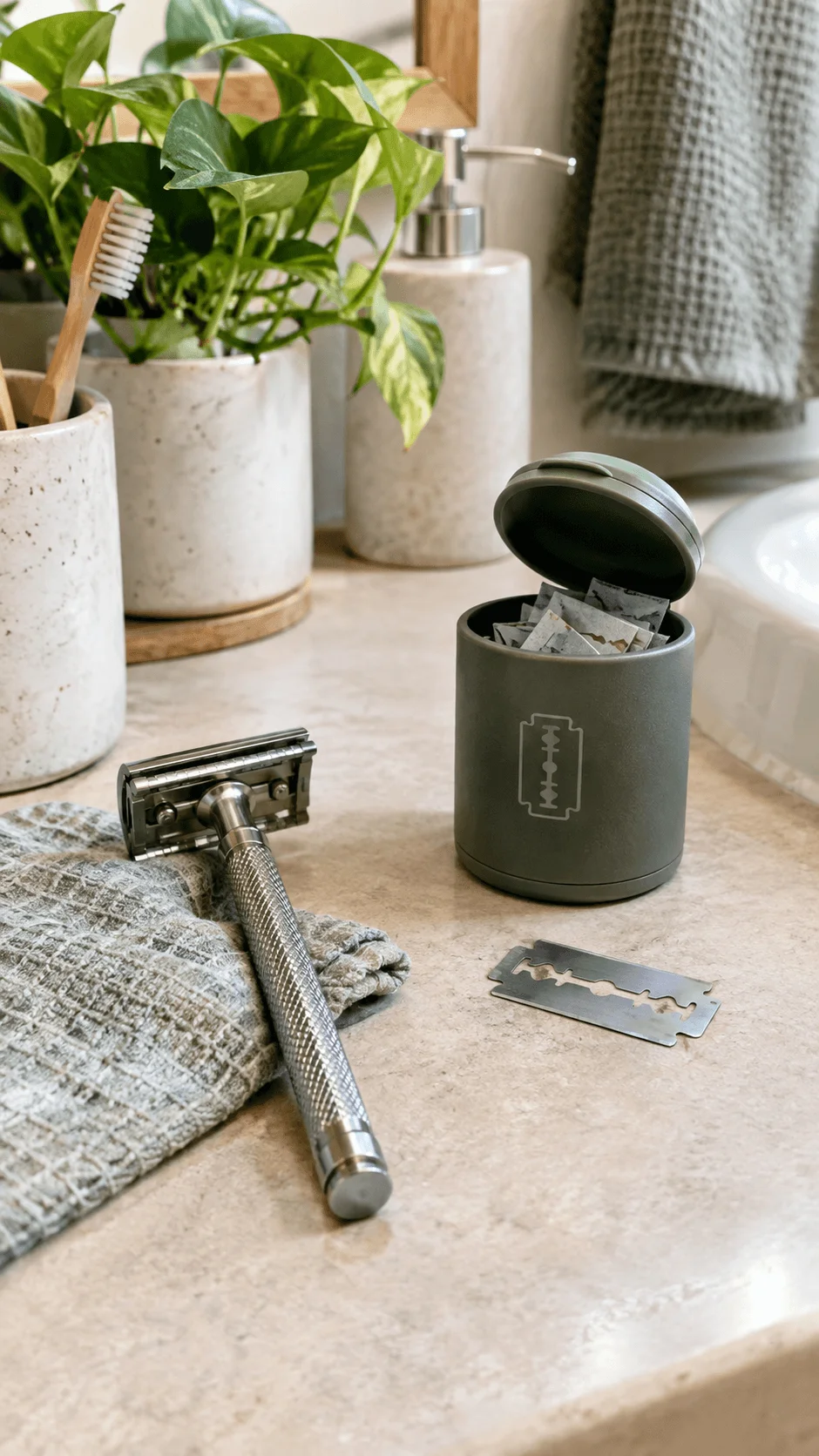 Sustainable bathroom setup with a reusable safety razor, metal blade container, bamboo toothbrush, natural soap dispenser and leafy green plant