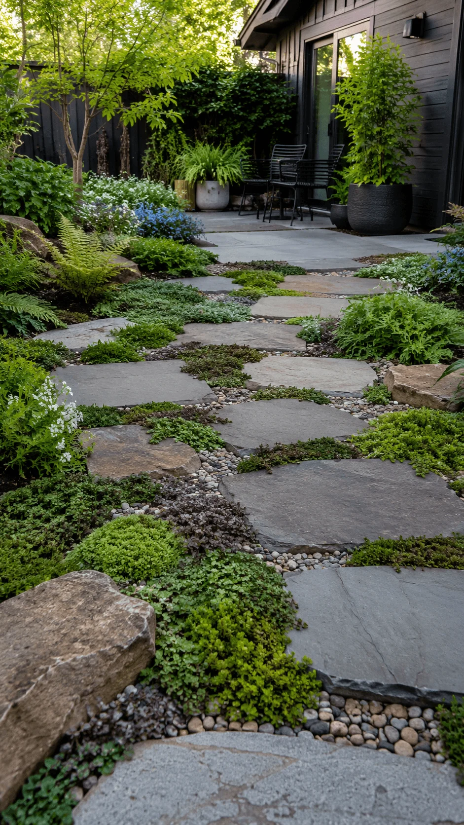 Sustainable ground cover growing between permeable stone pavers with gravel natural rocks ferns and lush greenery in a modern eco friendly garden