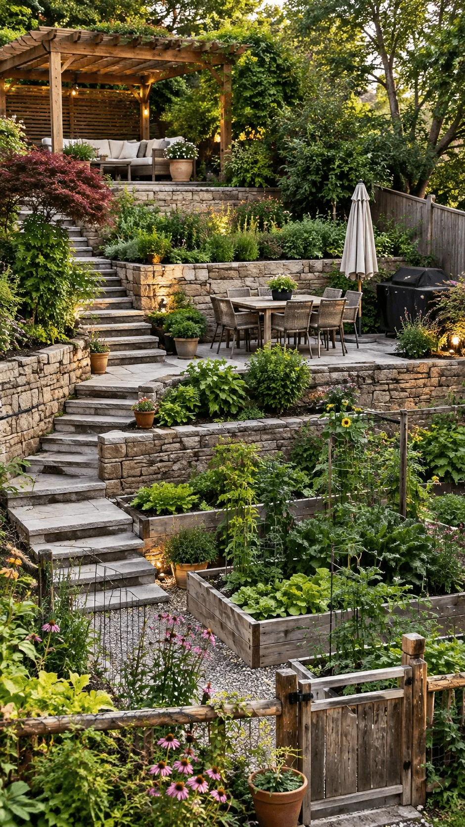 Sustainable multi level garden with raised vegetable beds, stone retaining walls, outdoor dining area, pergola seating, lush planting, stone steps, and gravel pathways
