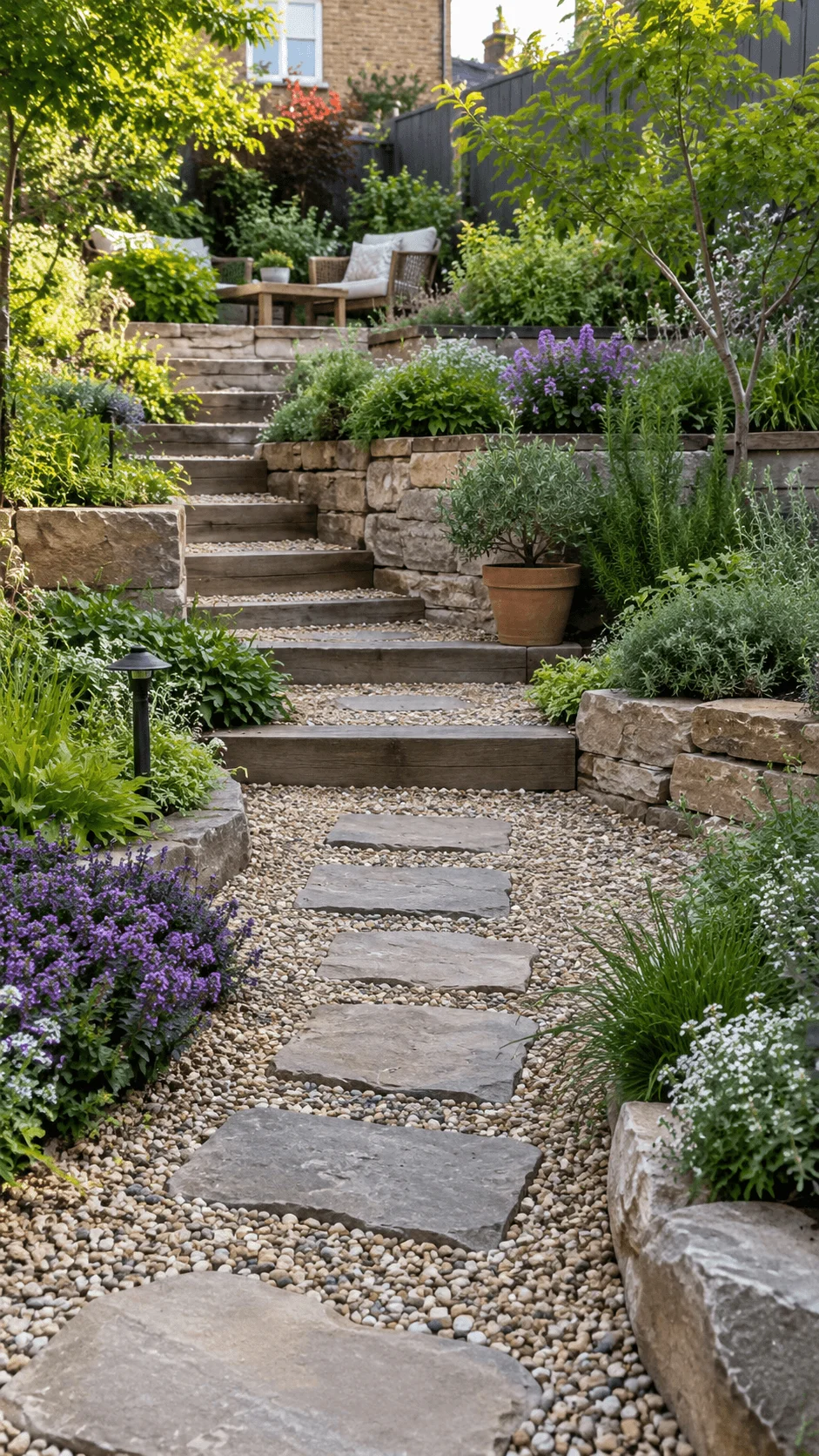 Sustainable terraced backyard with permeable gravel paths, natural stone stepping stones, rustic retaining walls, lush green planting, purple flowers, potted herbs, garden lighting, and a cozy seating area