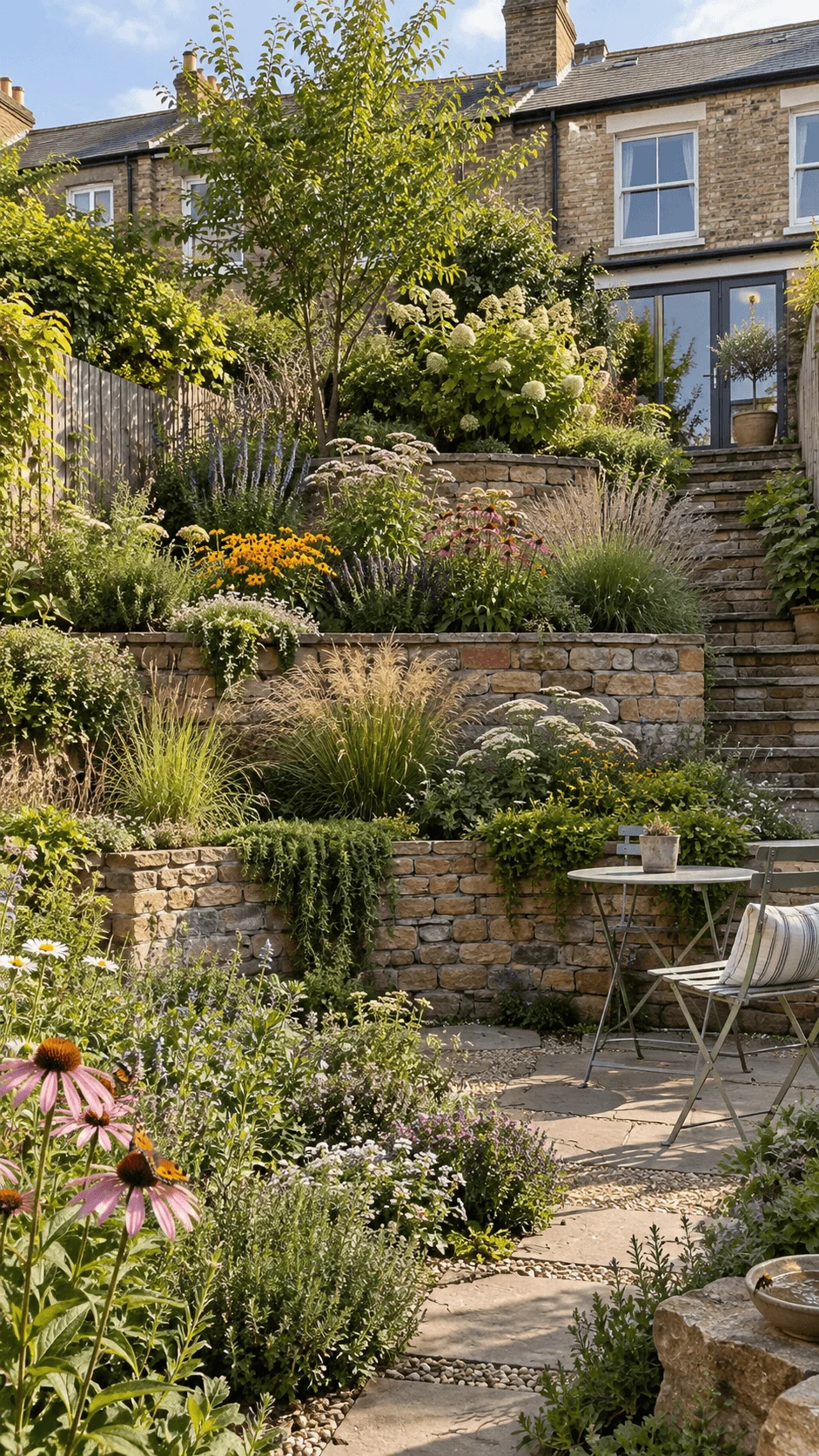 Sustainable terraced garden with native plants, natural stone retaining walls, colorful pollinator flowers, ornamental grasses, a small tree, stone steps, and a cozy patio seating area