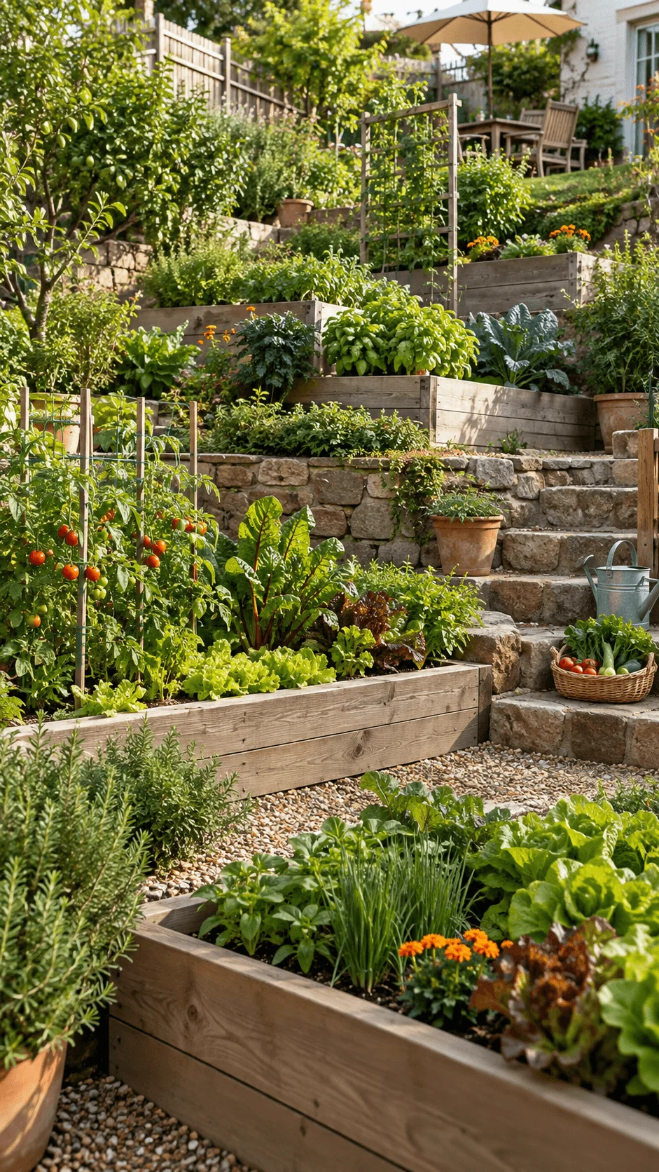 Sustainable terraced vegetable garden with raised wooden beds, tomatoes, lettuce, herbs, leafy greens, stone steps, gravel paths, fruit trees, and an outdoor dining area