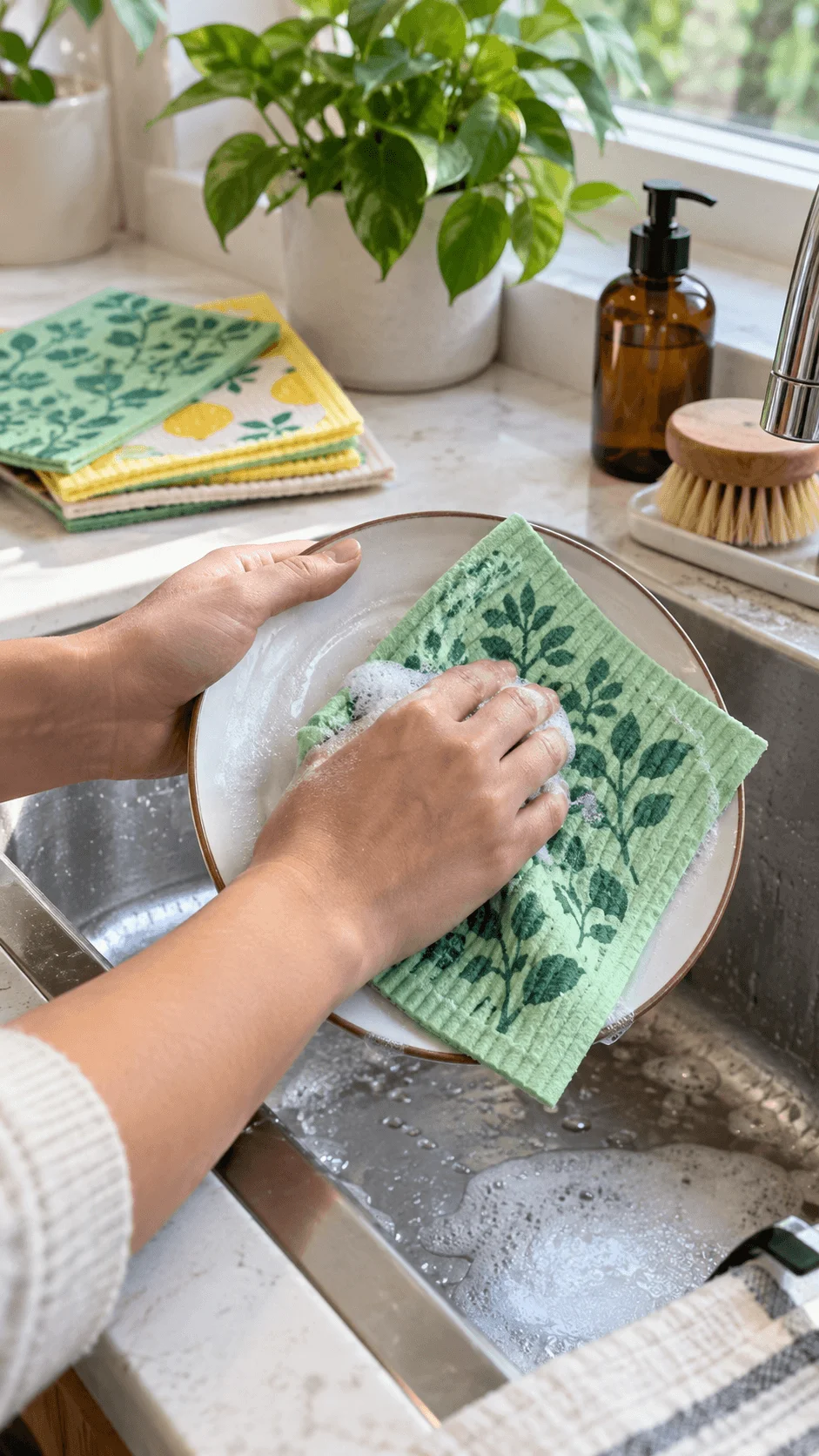 Reusable Swedish dishcloth cleaning a soapy plate in a bright kitchen sink with stacked dishcloths wooden brush and soap dispenser nearby.