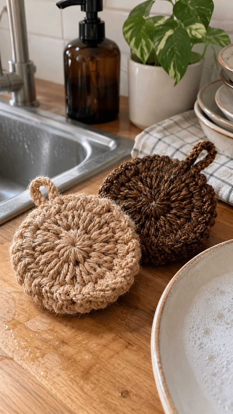 Natural tawashi scrubbers made from woven plant fibers resting beside a kitchen sink with soapy dishes and reusable cleaning essentials.