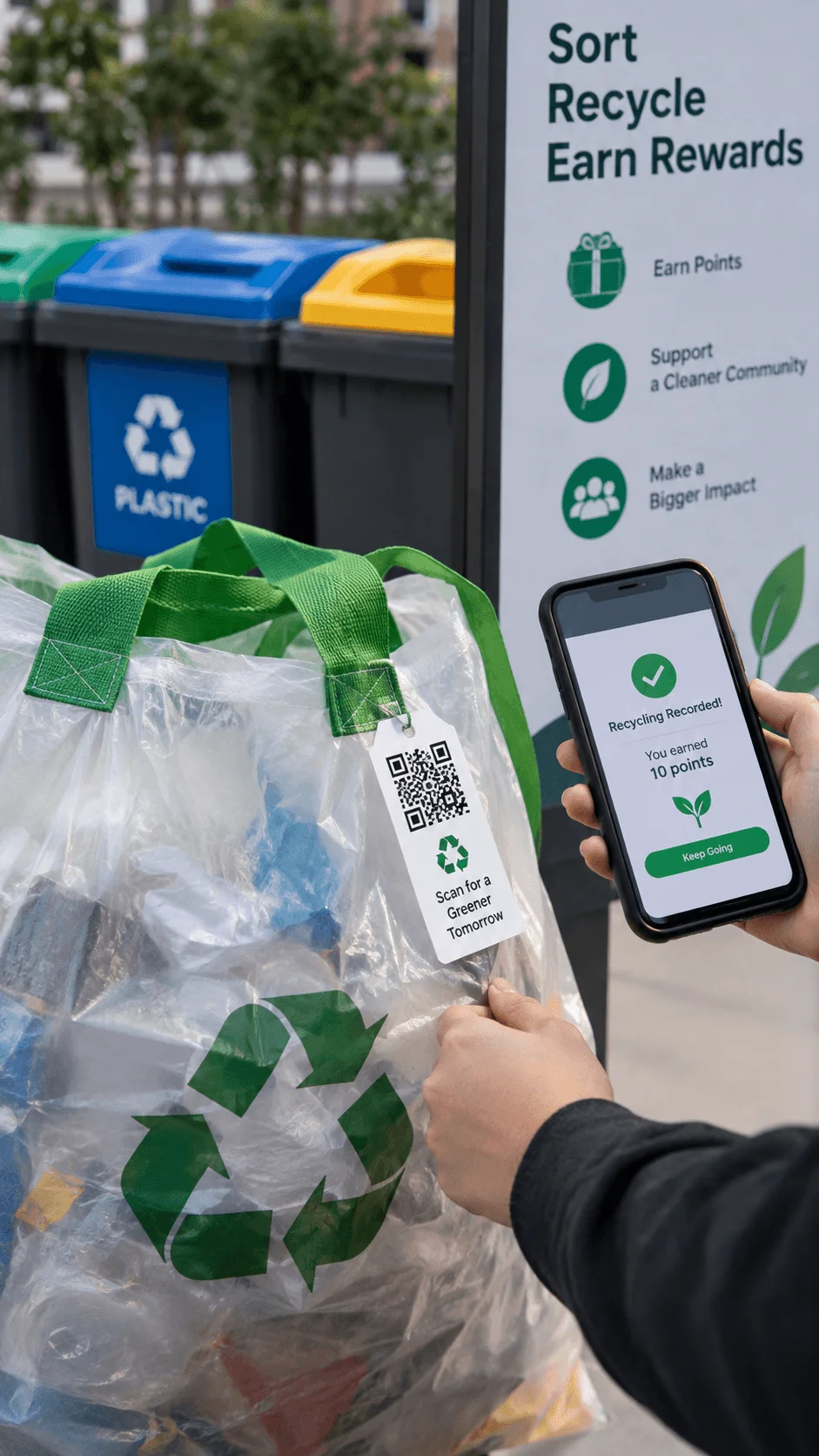 Trackable recycling bag with QR code and smartphone reward system recording recycling points at a community sorting station