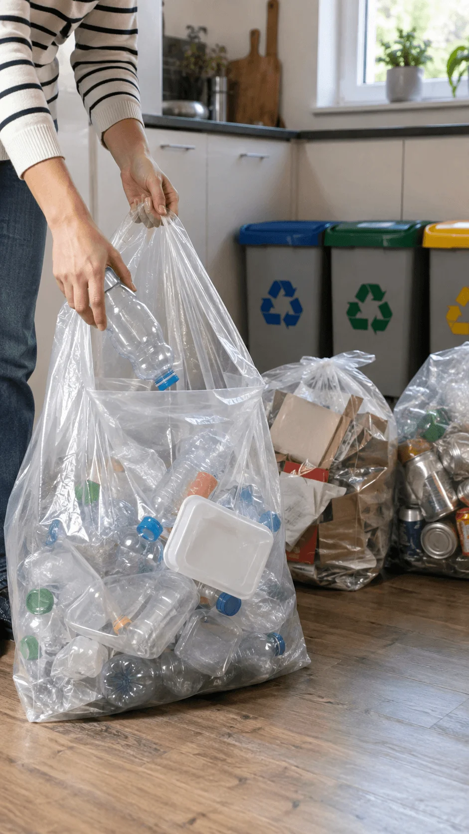 Transparent recycling bags filled with sorted plastic bottles cardboard and metal cans in a bright home kitchen