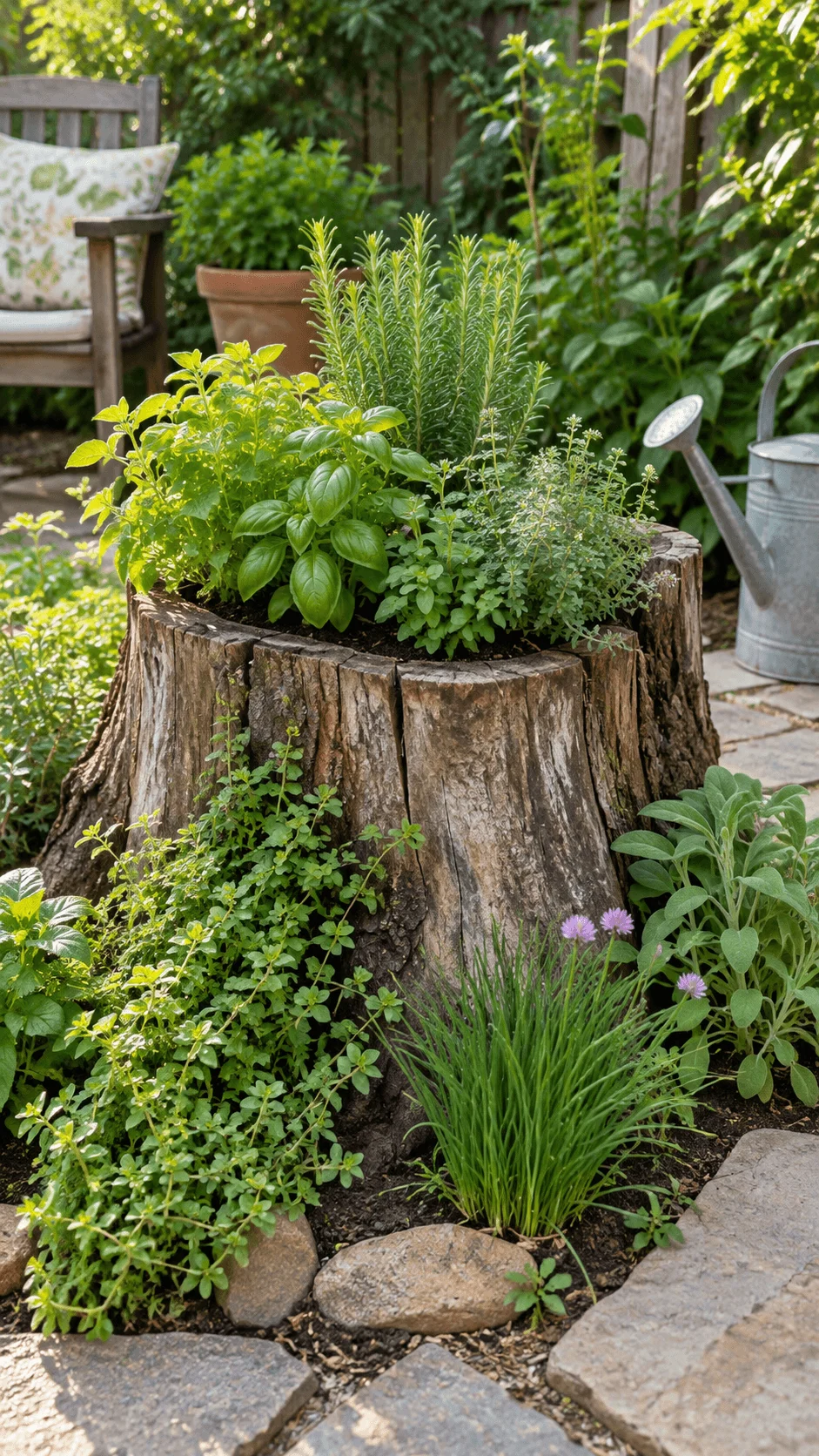 Tree stump herb garden filled with basil rosemary thyme oregano chives and sage in a sunny backyard setting
