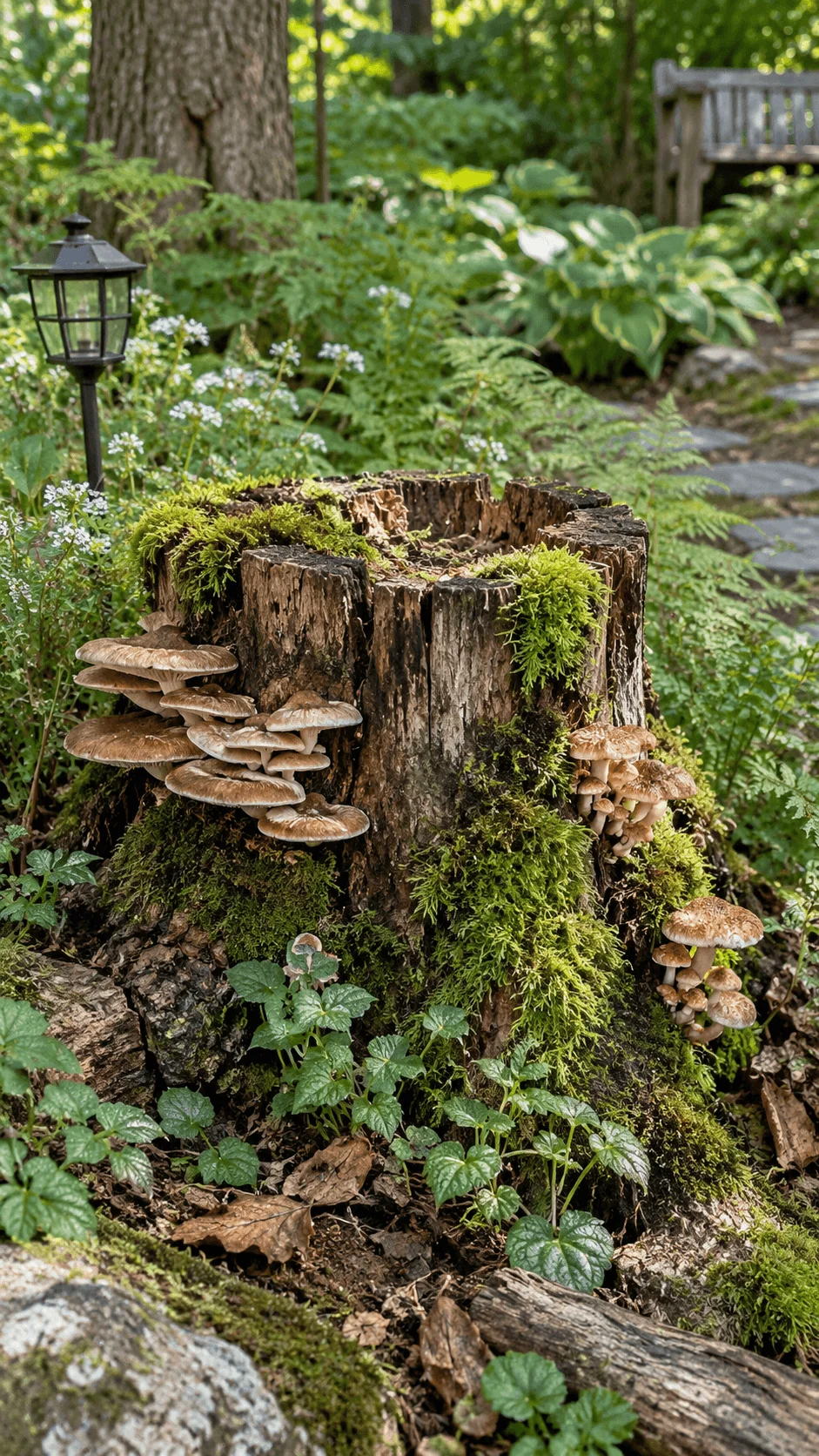 Tree stump mushroom garden with clusters of mushrooms moss ferns and woodland plants growing around a naturally decaying stump