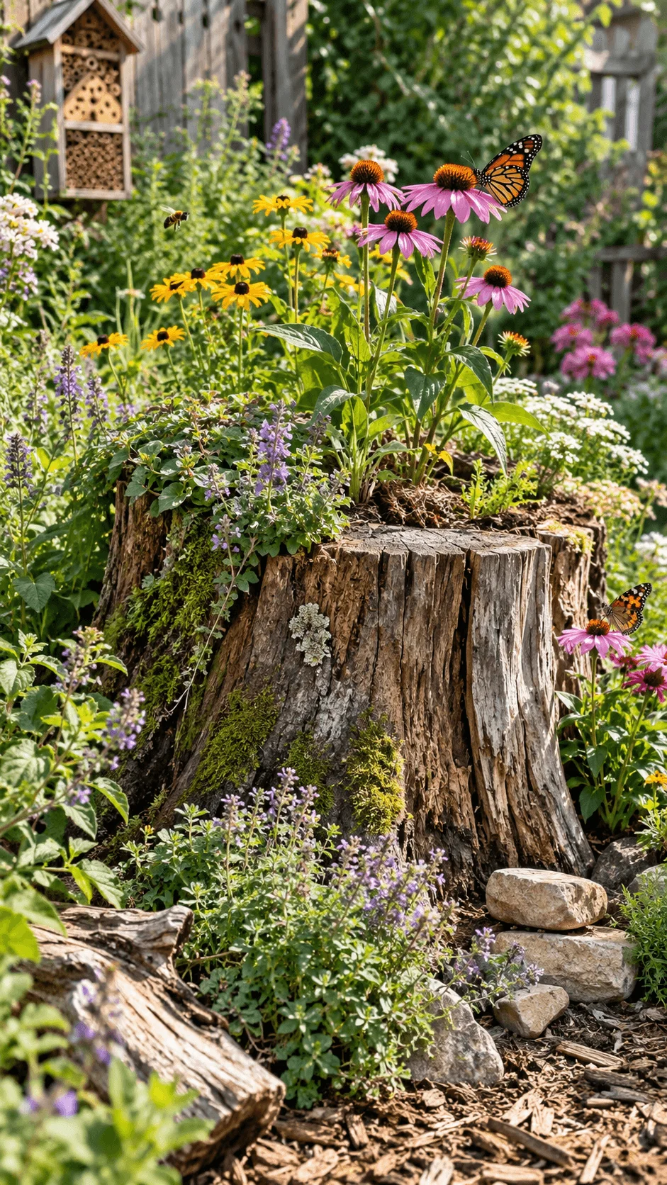 Tree stump pollinator station surrounded by colorful wildflowers with bees butterflies and a wooden insect hotel in a sunny garden