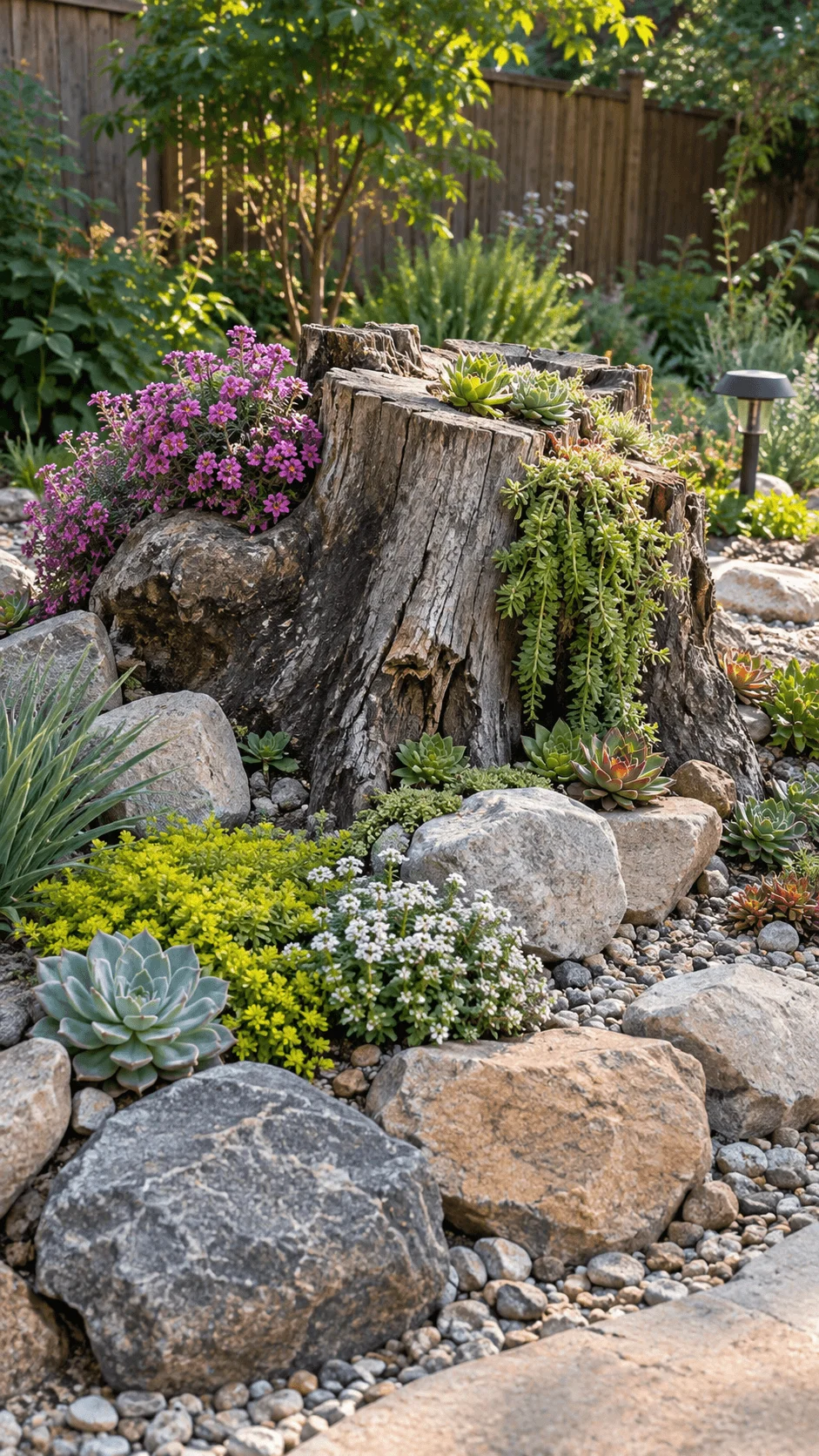 Tree stump rock garden with succulents colorful flowers gravel and natural stones arranged around a weathered stump in a sunny backyard