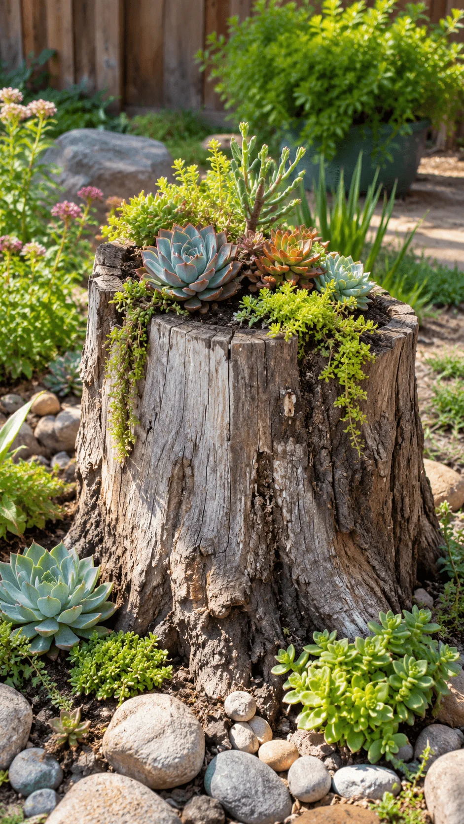 Tree stump succulent garden filled with colorful succulents trailing plants and decorative stones in a sunny backyard