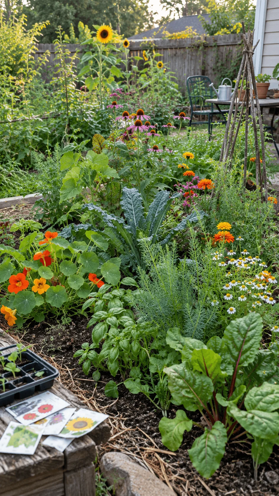 Chaos garden with sunflowers, coneflowers, nasturtiums, herbs, leafy vegetables, and colorful flowers growing together from affordable seeds in a backyard garden