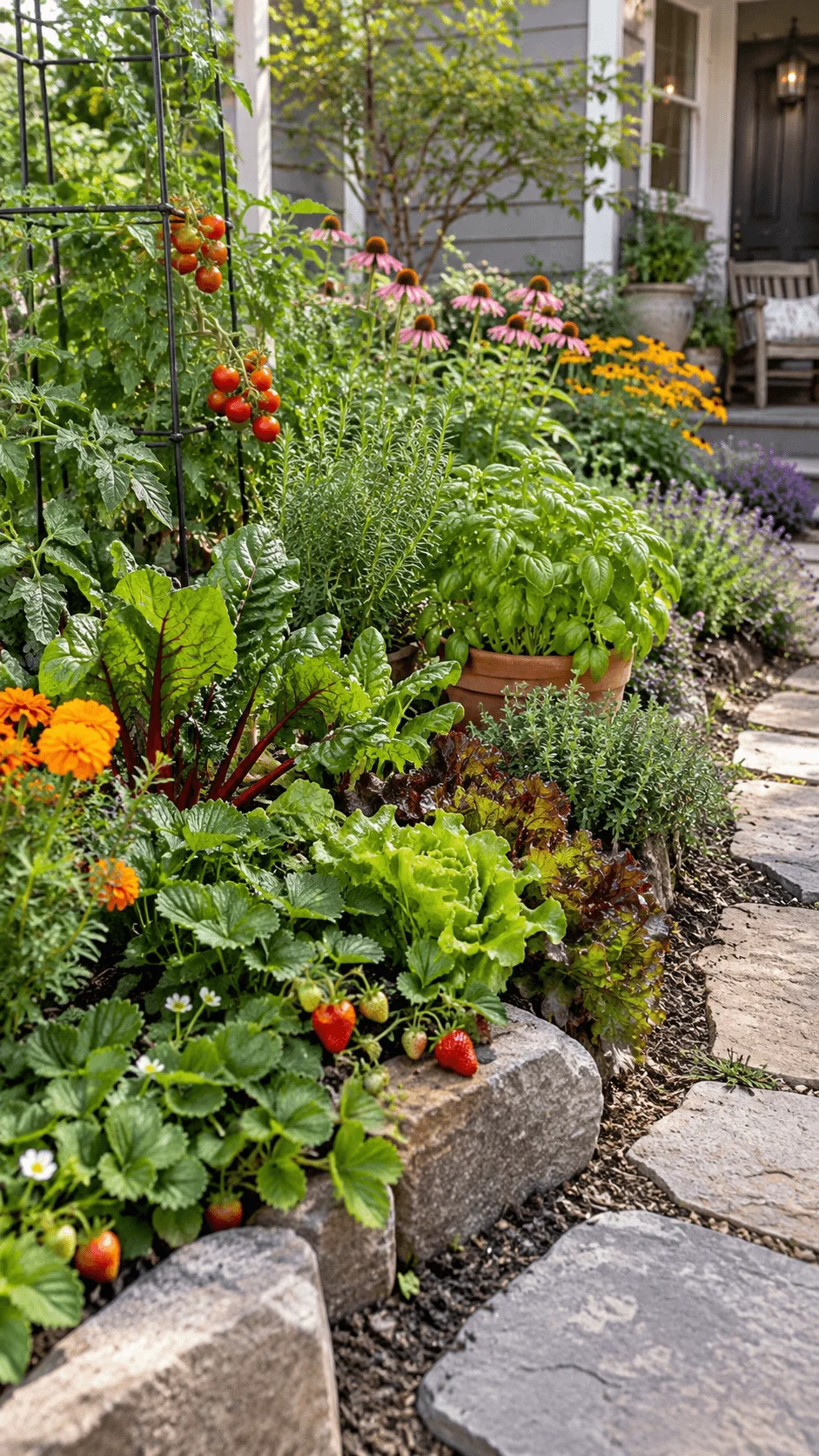 Foodscaping garden with tomatoes, strawberries, lettuce, Swiss chard, basil, herbs, and colorful flowers growing together beside a stone path