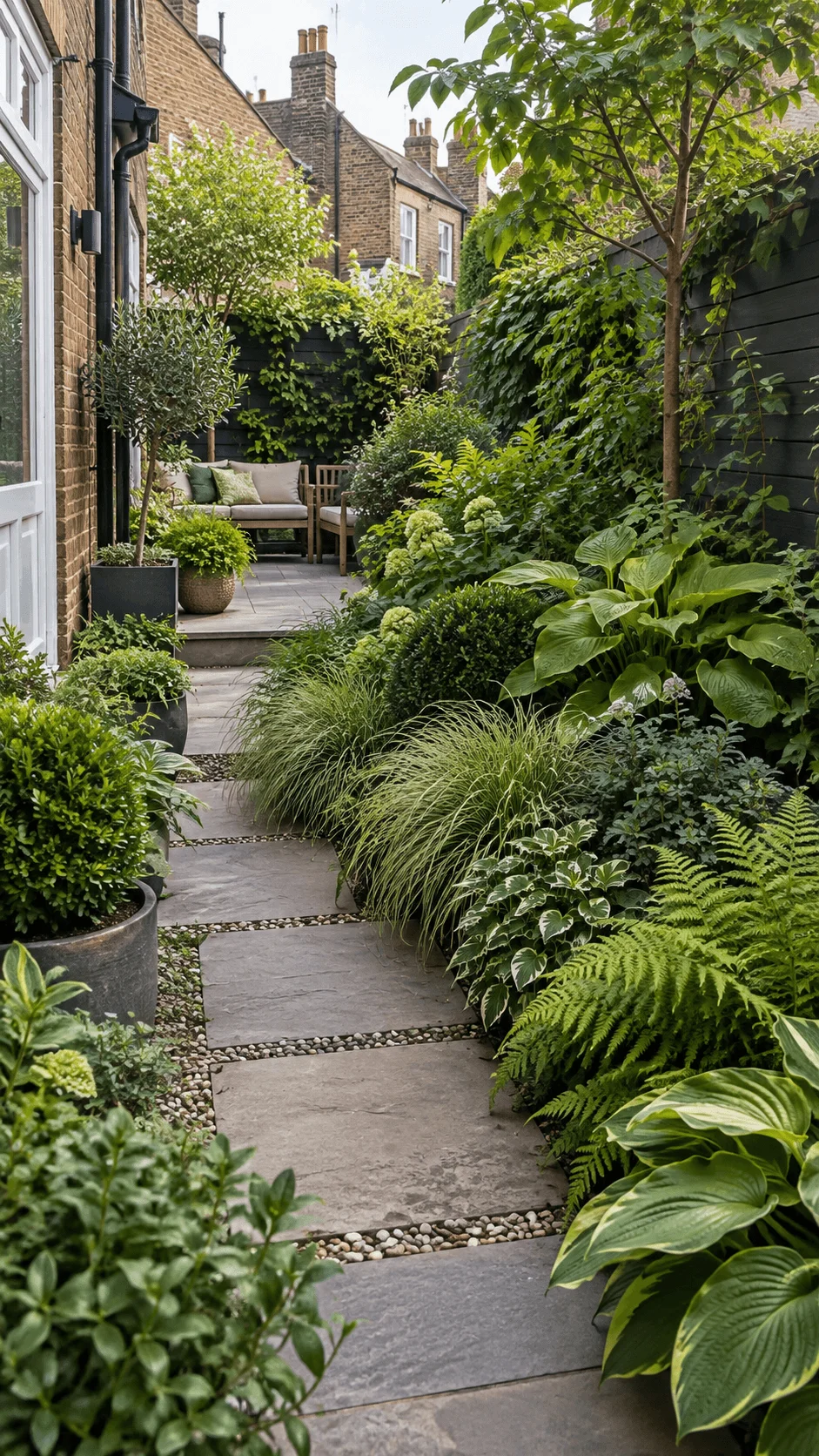 Green on green low maintenance terraced house garden with layered foliage hostas ferns ornamental grasses shrubs and a stone pathway