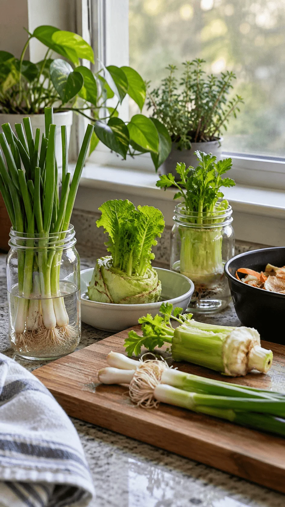 Kitchen scrap and zero waste vegetable gardening with green onions, lettuce, and celery regrowing in water filled jars beside fresh vegetable scraps