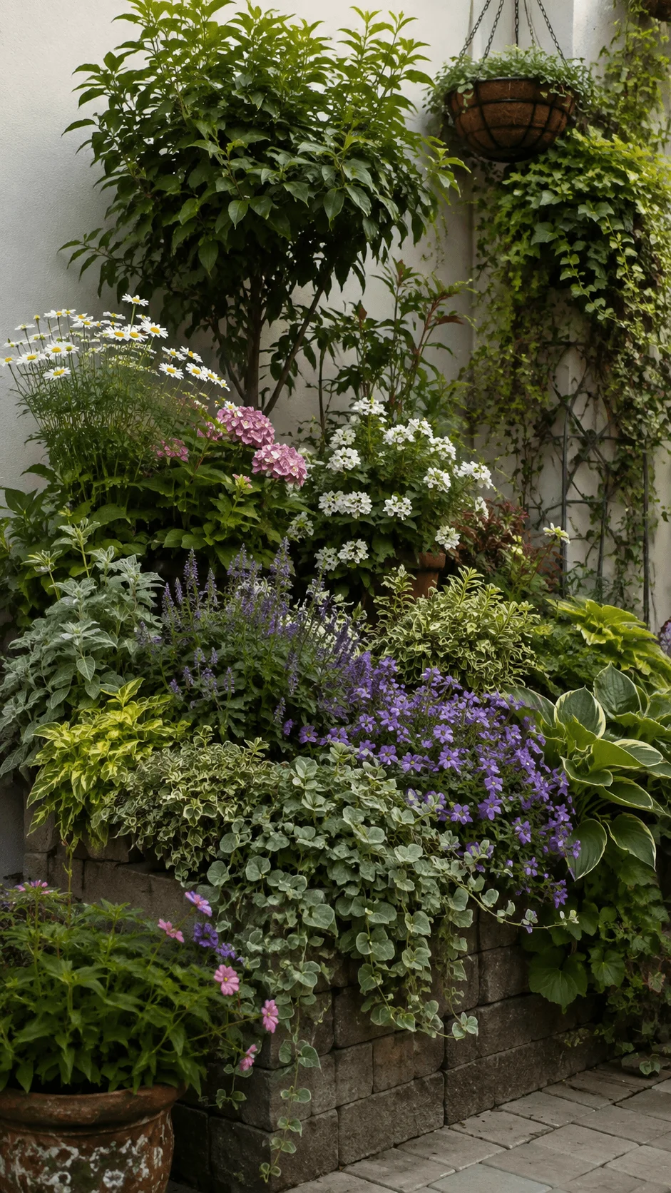 Layered eco friendly planting with tall shrubs white daisies pink hydrangeas purple flowers hostas and trailing greenery in a compact garden bed